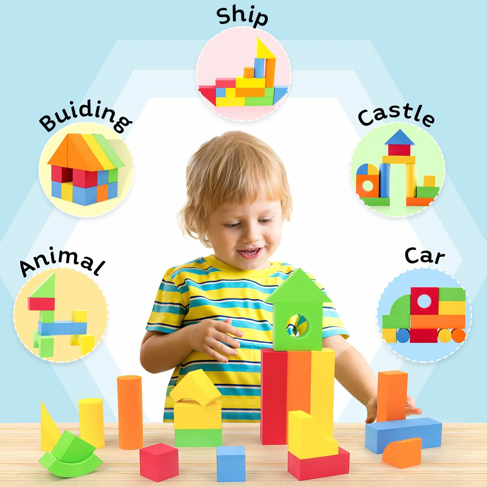deAO Blocs de Construction en Caoutchouc et Mousse 131 Pièces Jouet d'Apprentissage Créatif pour Enfants