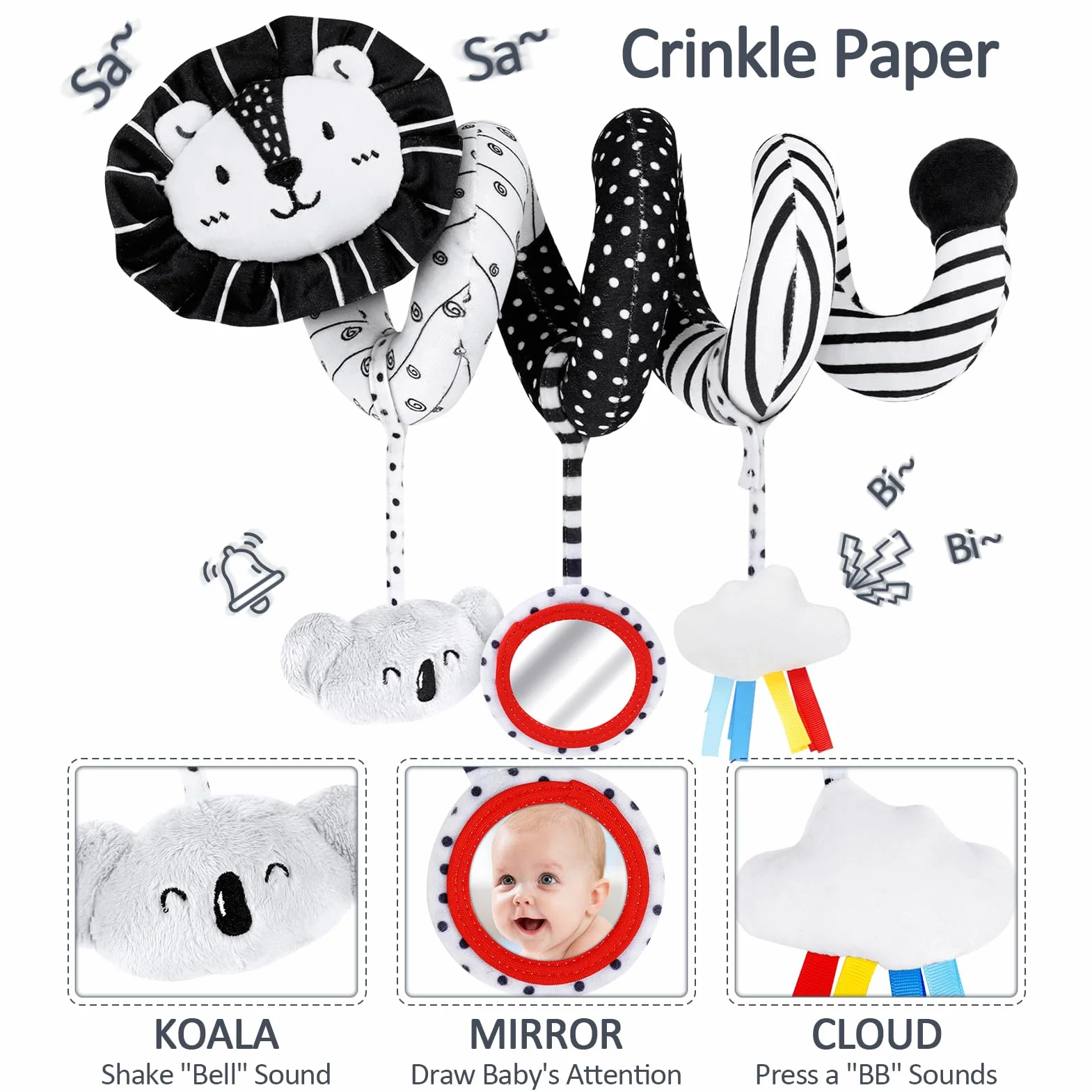 Joyreal Spirale d'Activité Bébé - Jouet Sensoriel Montessori Noir et Blanc pour Poussette Fille Garçon Cadeau Naissance