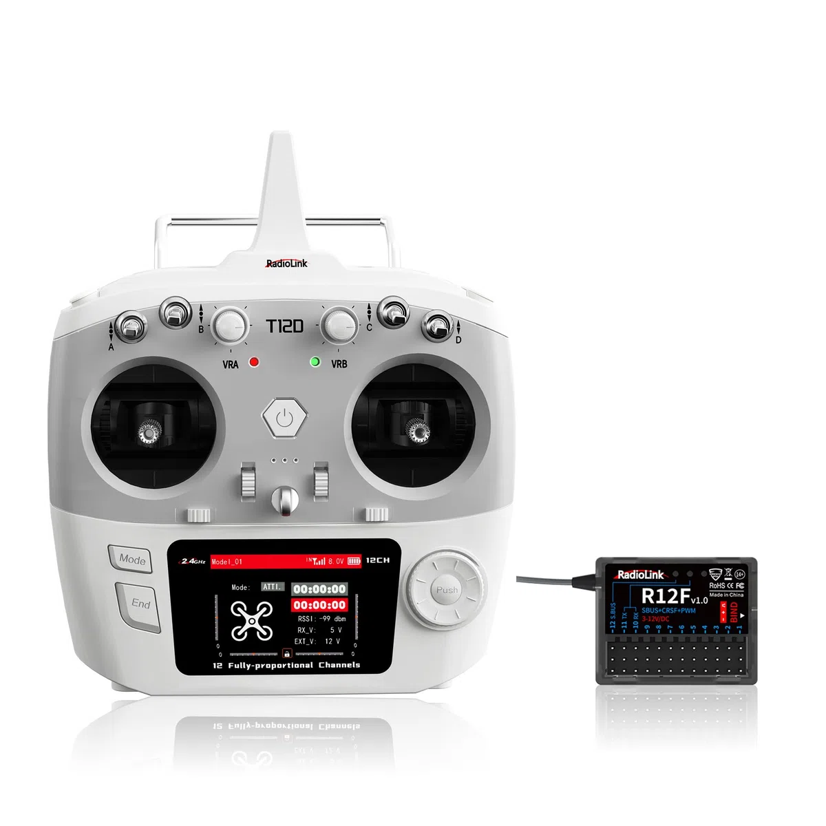 Radiolink T12D 12CH 2.4G Émetteur RC Récepteur R12F, prend en charge les modules ELRS/Crossfire longue portée, 50 modèles de stockage, télécommande RC longue portée de 4 km pour avion télécommandé,