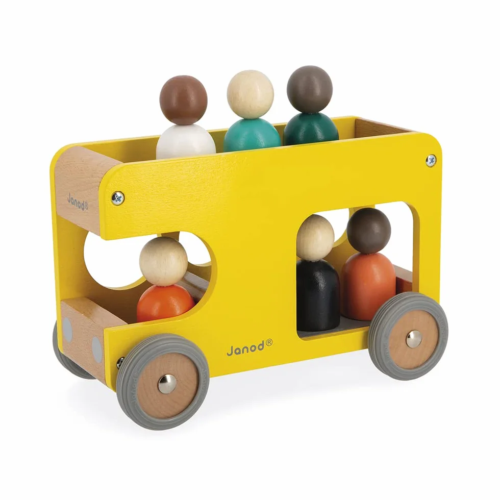 Janod Bus Scolaire en Bois Massif Bolid - 6 Personnages Inclus - Roues Silencieuses - Dès 2 Ans