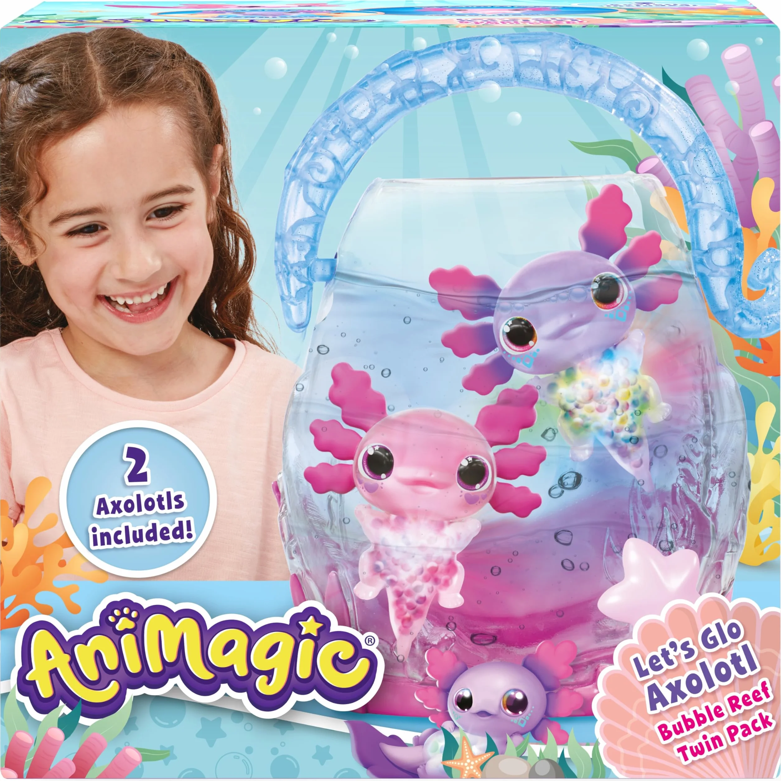 ANIMAGIC Let's Glo Axolotl Pack Bubble Reef Aquarium Interactif + 2 Axolotls Rose & Violet - Compagnons Électroniques & Lumineux - Flotte & Brille - Jeu Sensoriel Tactile pour Enfants dès 4 Ans
