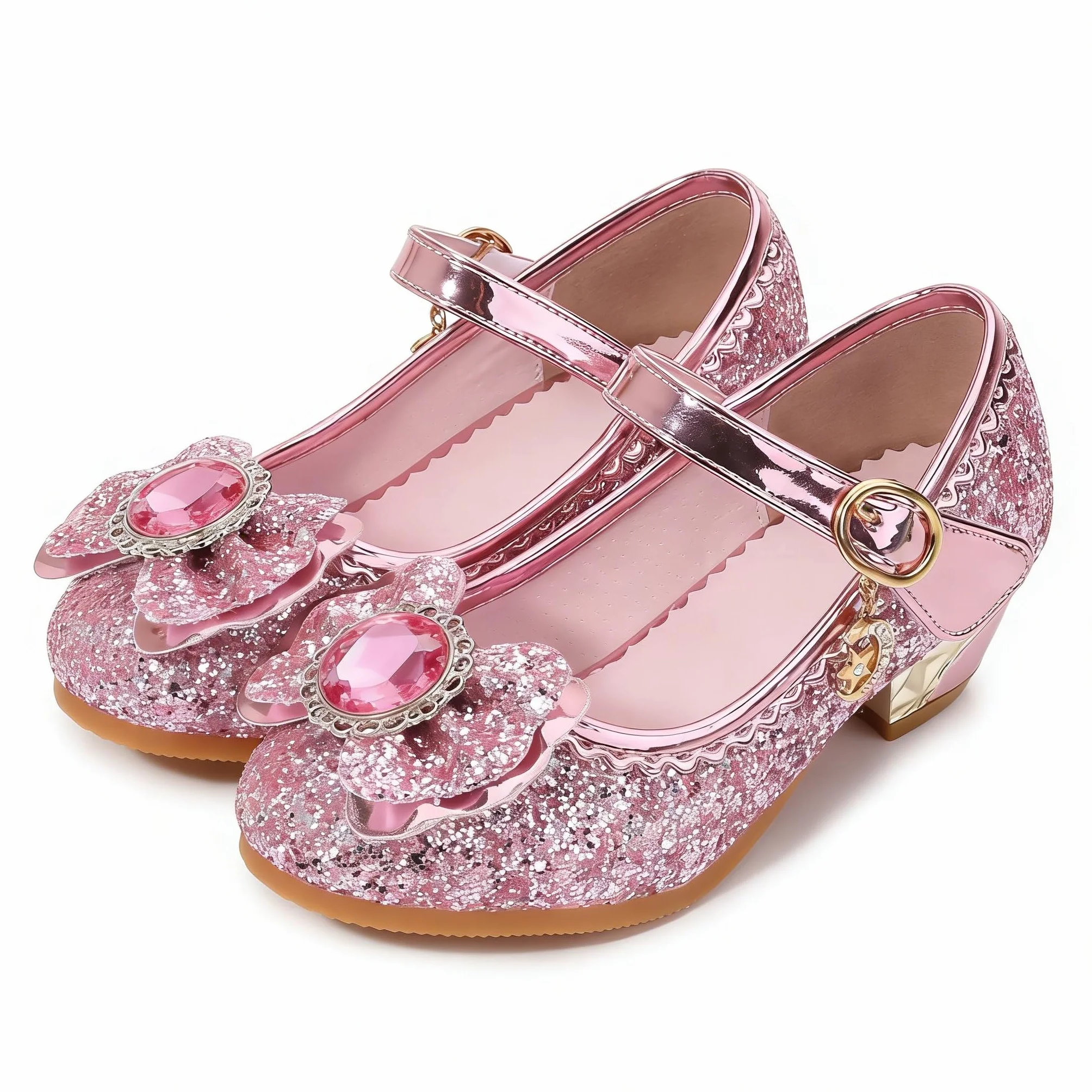 Chaussures Princesse Filles Paillettes Antidérapantes Talons Hauts Danse Fête Anniversaire Mariage 3-14 Ans Rose 24 EU