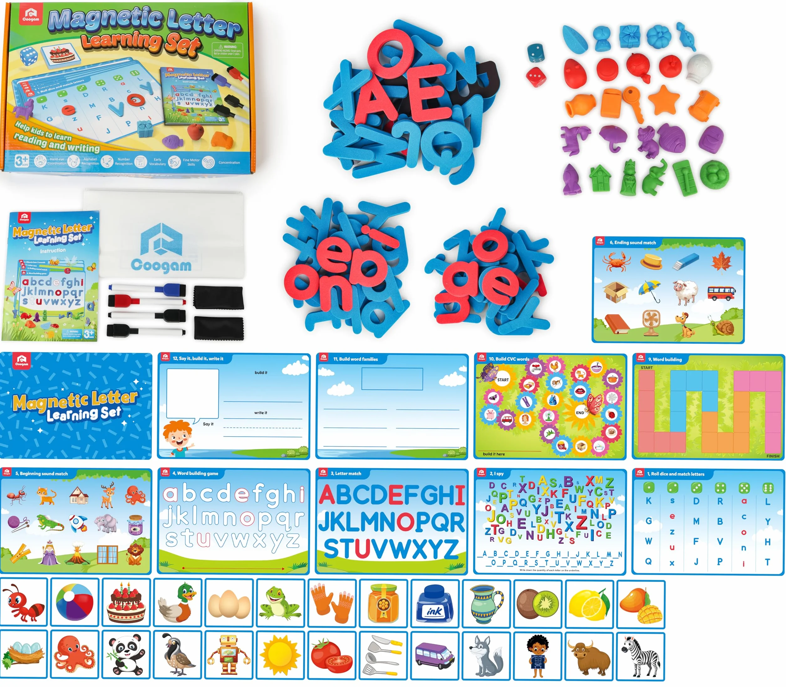 Coogam Preschool Alphabet Learning Playset Jeu de lettres magnétiques reconnaissance de l'abc éducatif avec 6 cartes d'activité jouet autisme manipulateur phonique 3 ans