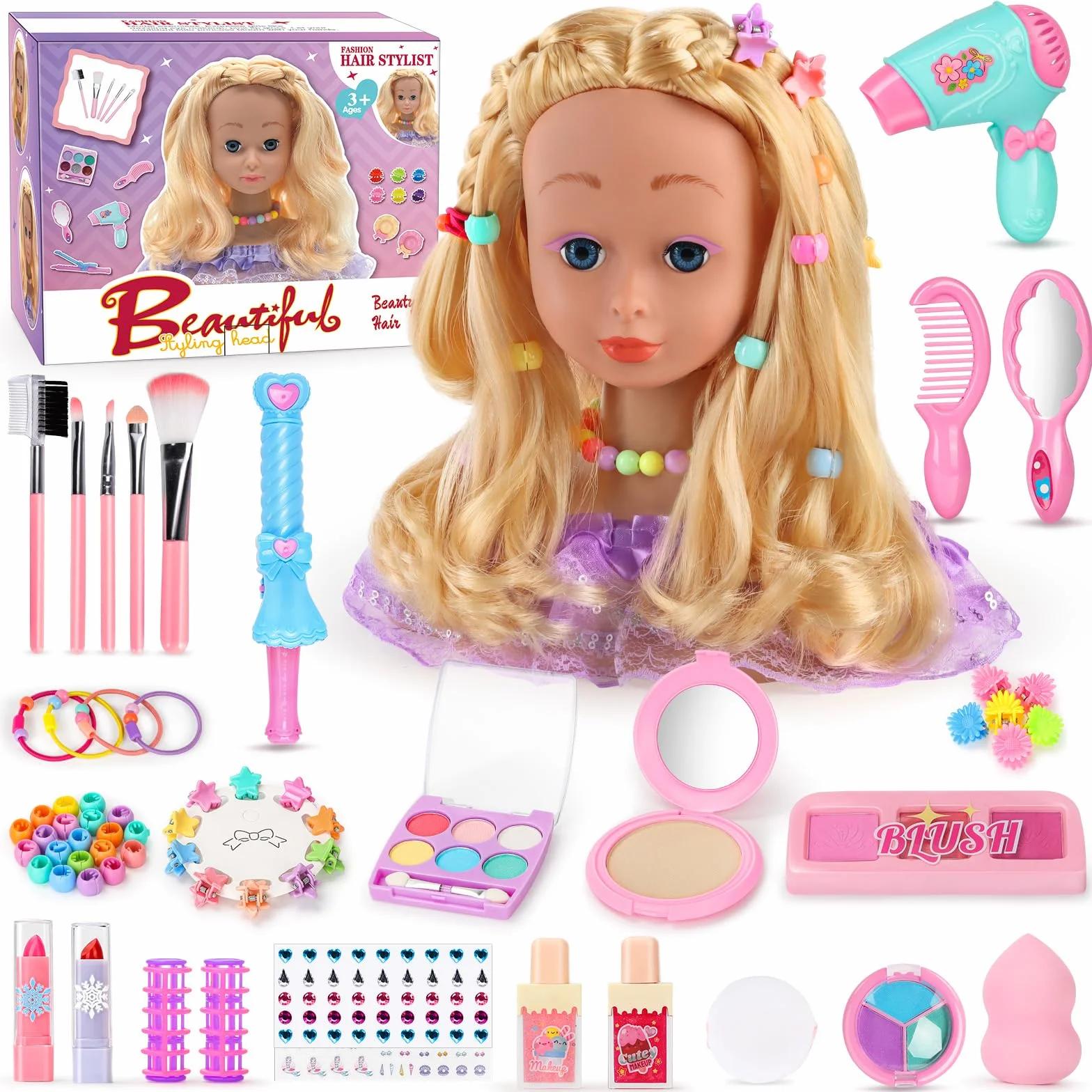 Têtes à Coiffer Enfant 66 Pièces Jouet de Maquillage et de Coiffure Cadeau Anniversaire Noël 3 Ans
