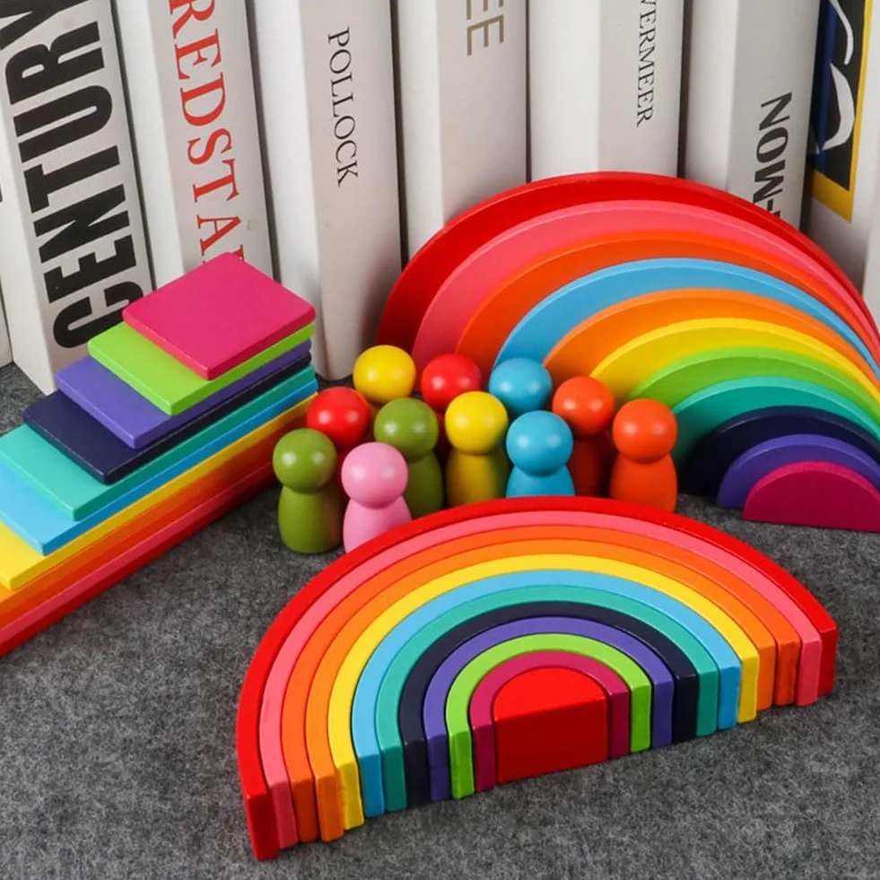 Kiuiom Arc en Ciel Bois Montessori Jouet Bloc De Construction 4 Pièces pour Enfants