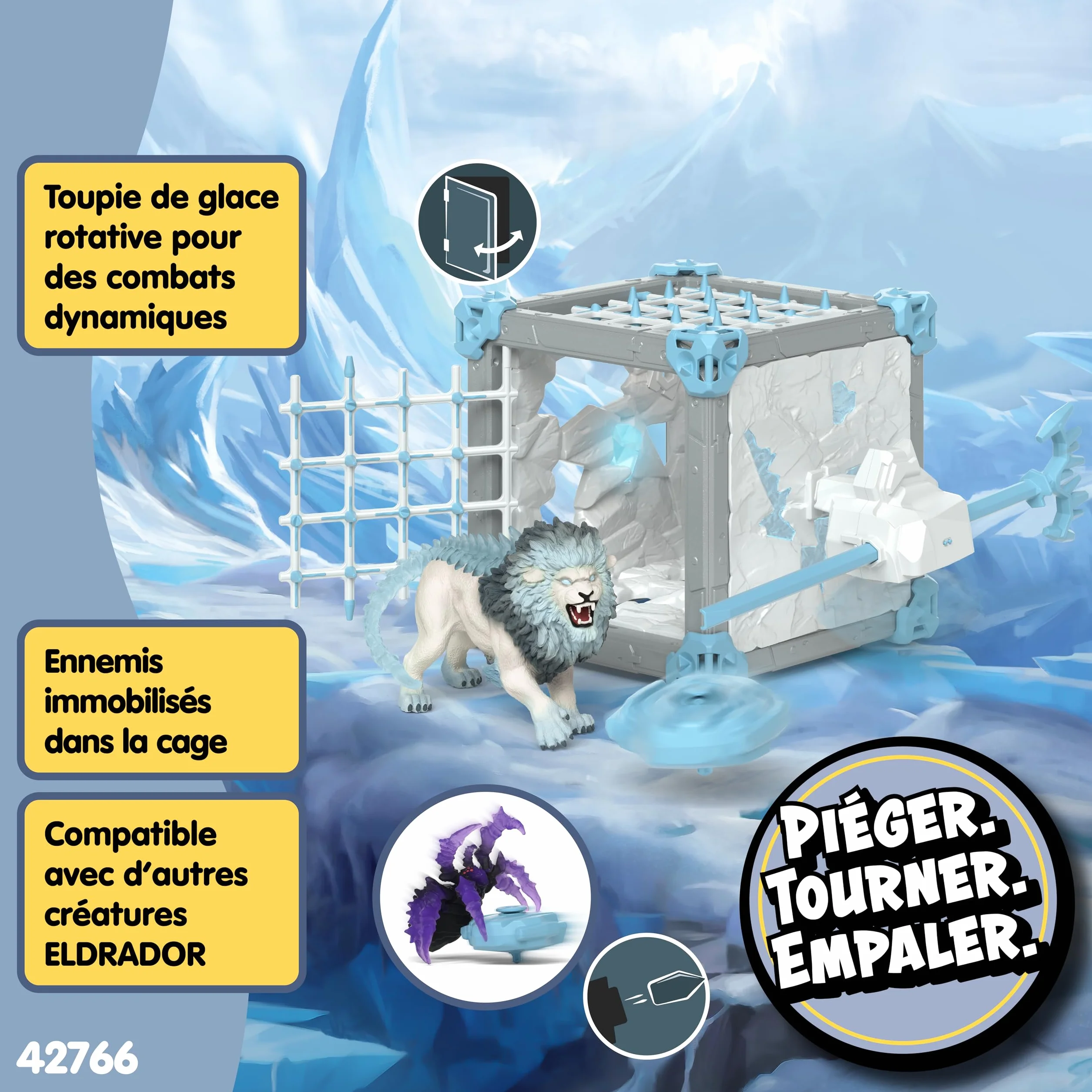 Schleich ELDRADOR Creatures Battle Cave Lion de Glace 42766 Coffret Monstre toupie Grille Cristal 31 pièces Jouet dès 7 Ans