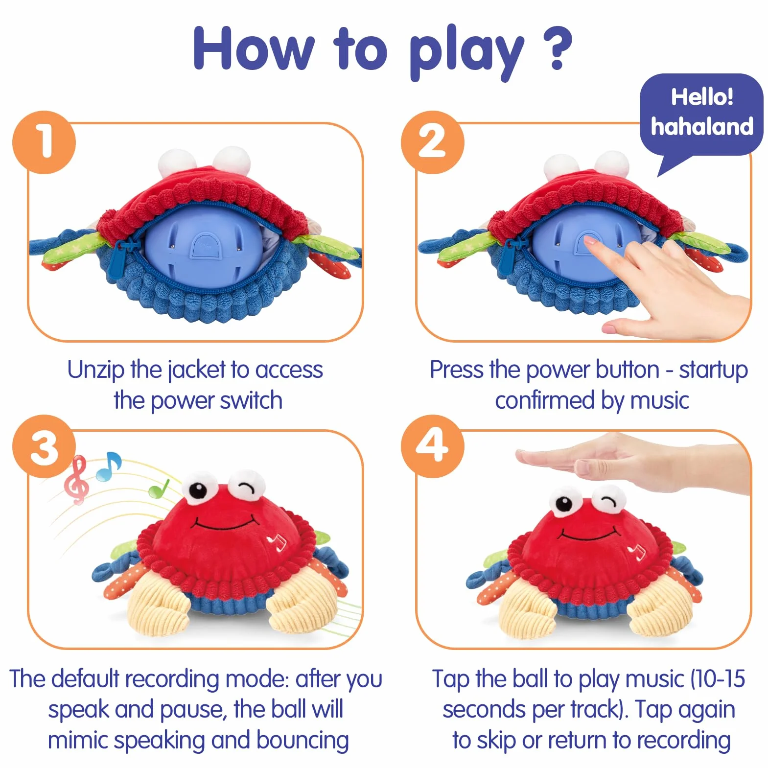 Jouet Bebe 6-12 Mois, Crabe Qui Marche avec Musique et Enregistrement, Jouets en Peluche Interactifs Tummy Time
