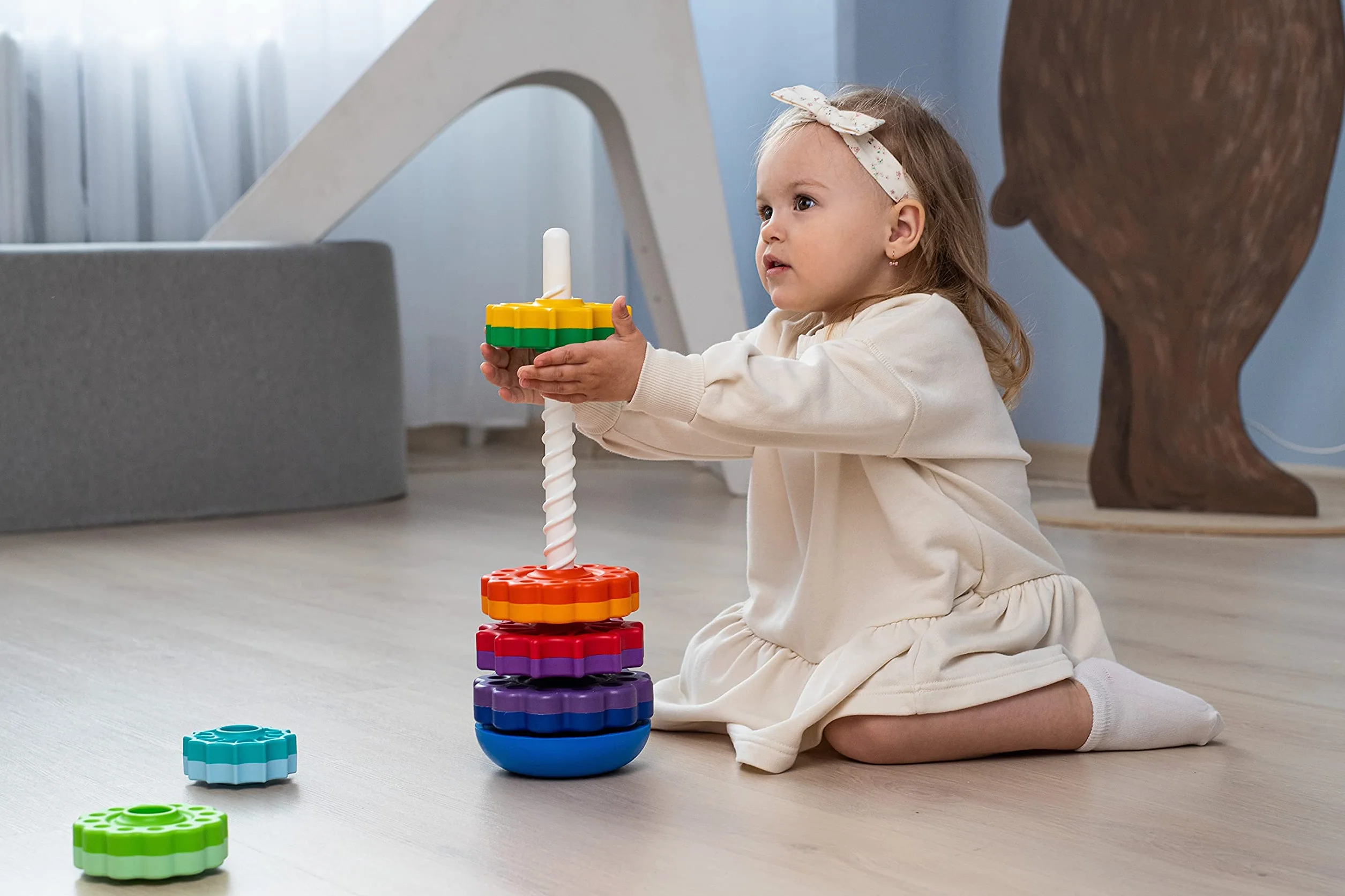 FANCY Grande Pyramide pour Bébé Jouet à Empiler 40 cm - Jouet d’Éveil avec Engrenages Jeux Éducatifs Empilement et Culbuto Cadeau Enfant 1 2 3 Ans