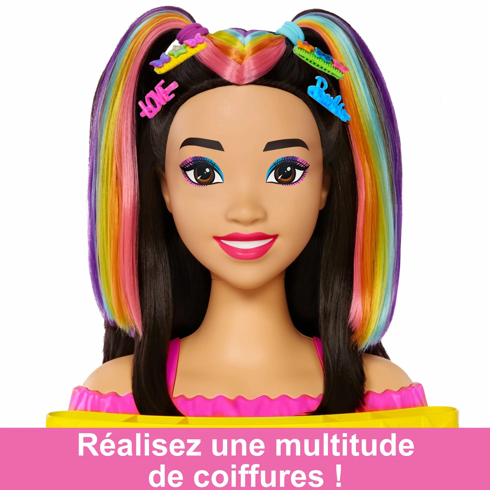 Barbie Tête À Coiffer Ultra Chevelure Cheveux Noirs Lisses Mèches Arc-en-Ciel 22 Accessoires Color Reveal Jouet Enfant 3 Ans HMD81