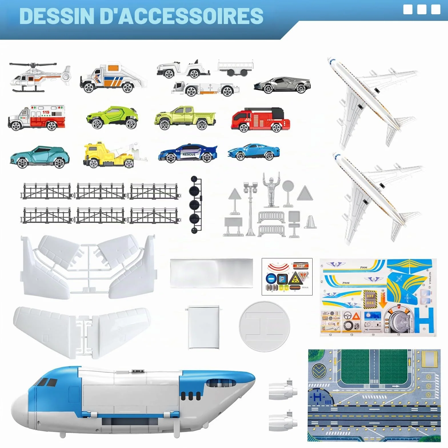 Transport Avion Jouet Voiture Jouet 15 Moyens Transport Panneaux Signalisation Tapis Jeu Hélicoptère Parking Cadeau Enfants 3+