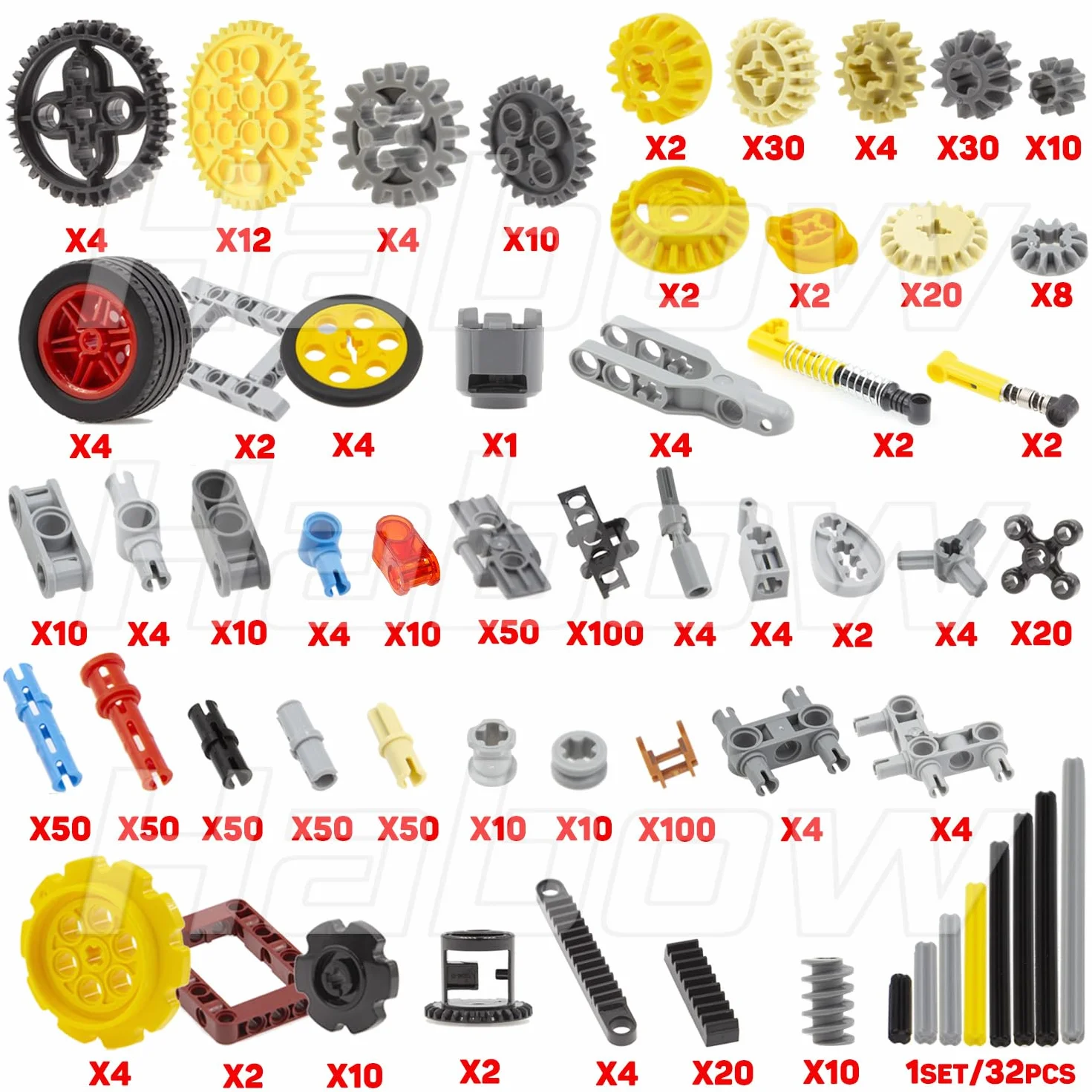 Habow Technologie Série Kit de Pièces de Construction 862 Pièces, Engrenages Axes Goupilles Connecteurs Compatible Briques MOC