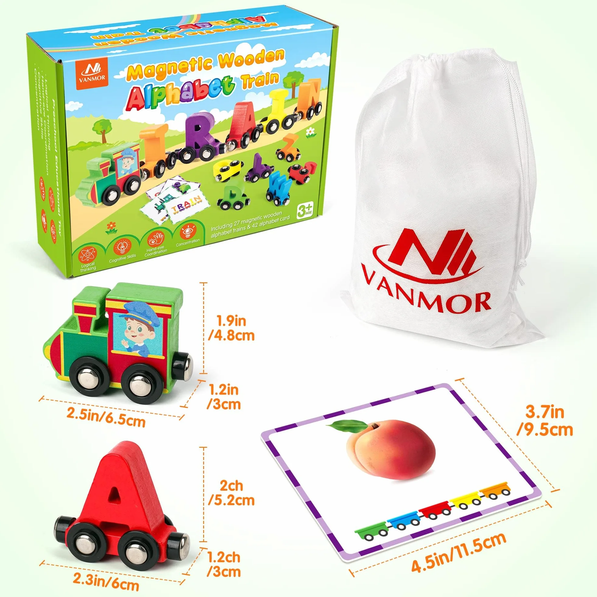 Vanmor 27pcs Magnétique en Bois Alphabet Train Set ABC Apprentissage Jouet avec 42 Cartes Mémoire Flash, Moteur, Sac de Rangement