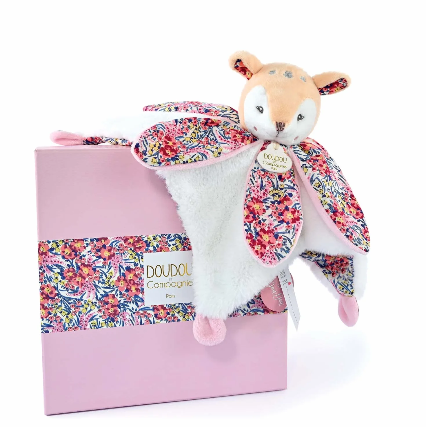 DOUDOU ET COMPAGNIE BOH'AIME Doudou Faon Blanc Pétales 27 Cm Boite Cadeau Naissance