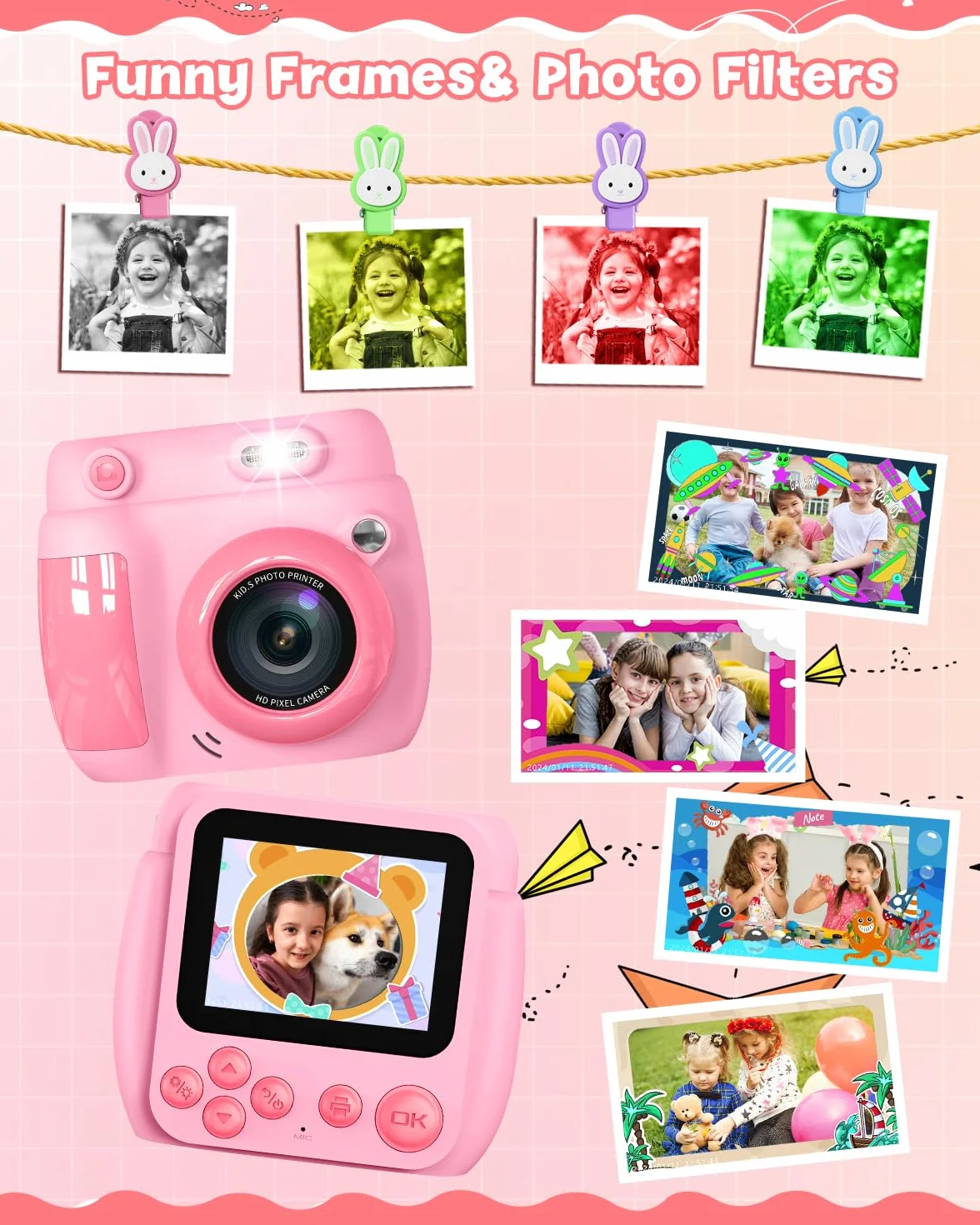 Gofunly Appareil Photo Instantané Enfant 2,4 Pouces Caméra Vidéo Numérique 1080P 32GB Carte 3 Rouleaux Papier Cadeau Noël Anniversaire Garçons Filles 3-12 Ans Rose