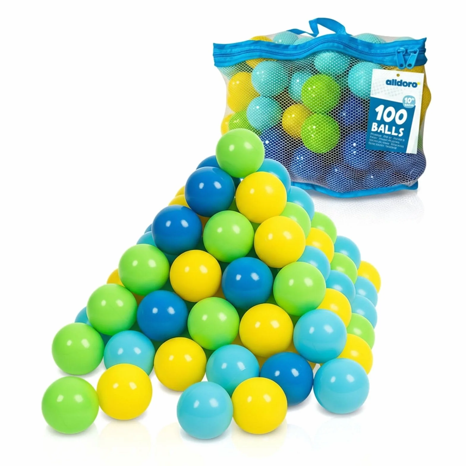 Alldoro 100 Balles pour Piscine à Balles en Plastique 6 cm Multicolores Sac de Transport Filet Inclus