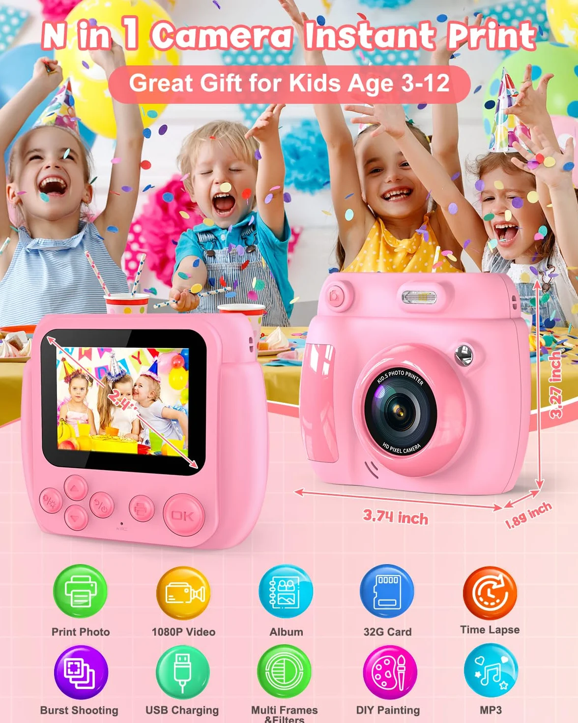 Gofunly Appareil Photo Instantané Enfant 2,4 Pouces Caméra Vidéo Numérique 1080P 32GB Carte 3 Rouleaux Papier Cadeau Noël Anniversaire Garçons Filles 3-12 Ans Rose