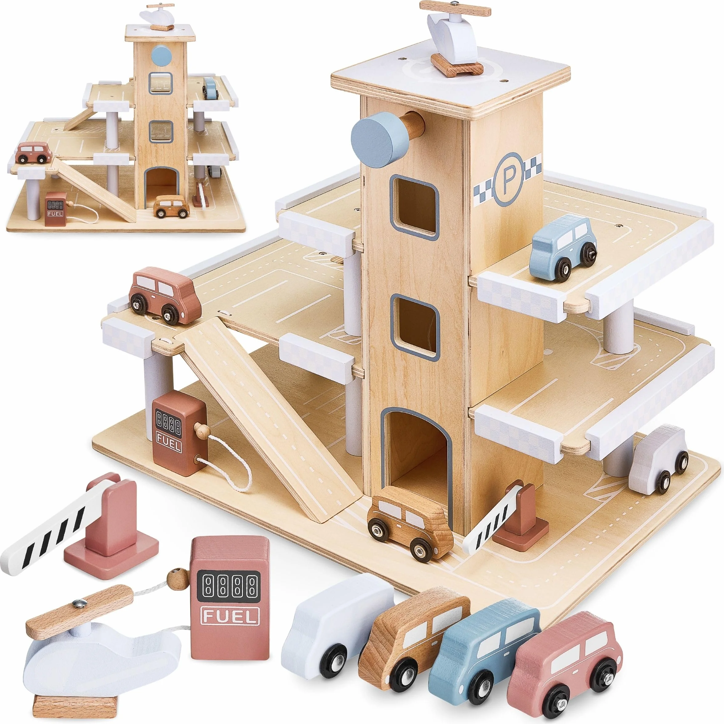 Garage Voitures en Bois 3 Niveaux avec Ascenseur et Piste d'Atterrissage Jouet Éducatif 45x30x37cm CE EN71