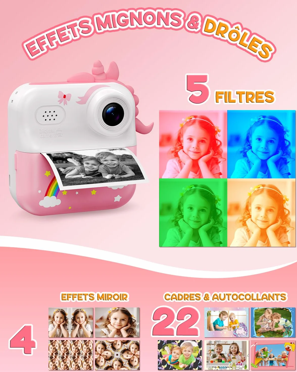 Appareil Photo Enfant 2,4" Instantané Rechargeable avec Papier d'impression 32GB Cadeau Filles Garçons 3-12 Ans