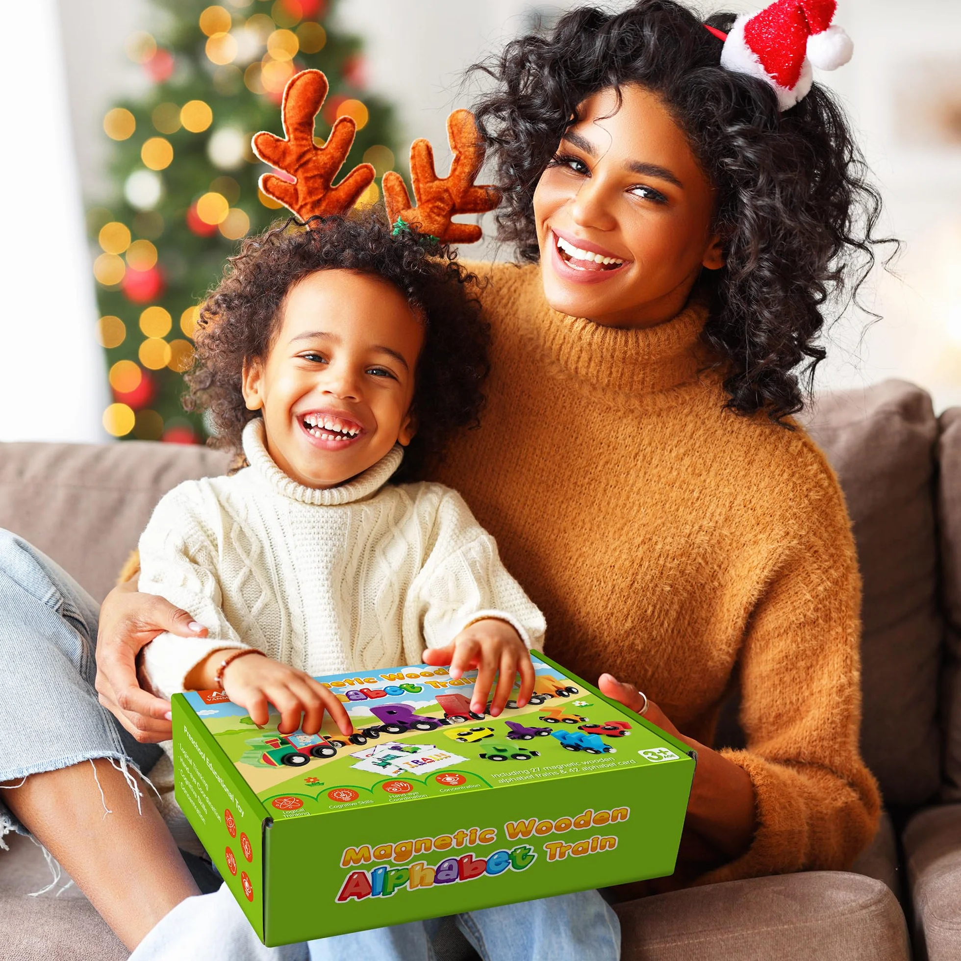 Vanmor 27pcs Magnétique en Bois Alphabet Train Set ABC Apprentissage Jouet avec 42 Cartes Mémoire Flash, Moteur, Sac de Rangement