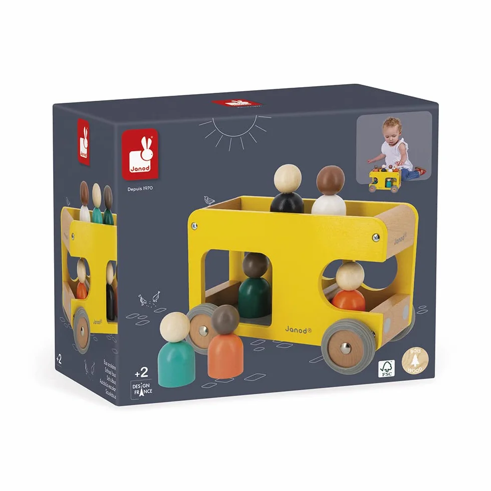 Janod Bus Scolaire en Bois Massif Bolid - 6 Personnages Inclus - Roues Silencieuses - Dès 2 Ans