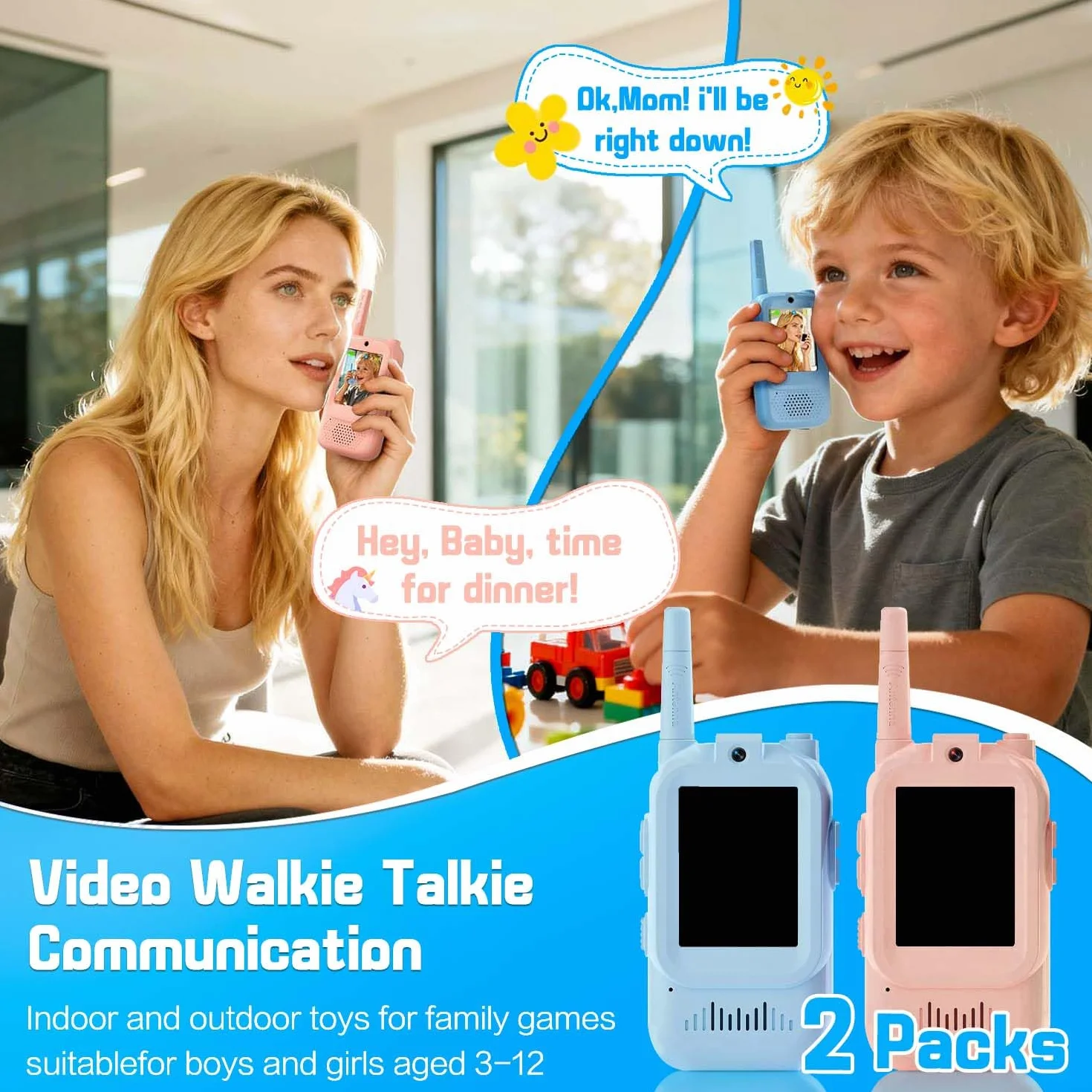 Talkie Walkie Enfant Caméra Vidéo Rechargeables 2pcs Cadeau Fille 3-12 Ans Portée 200m