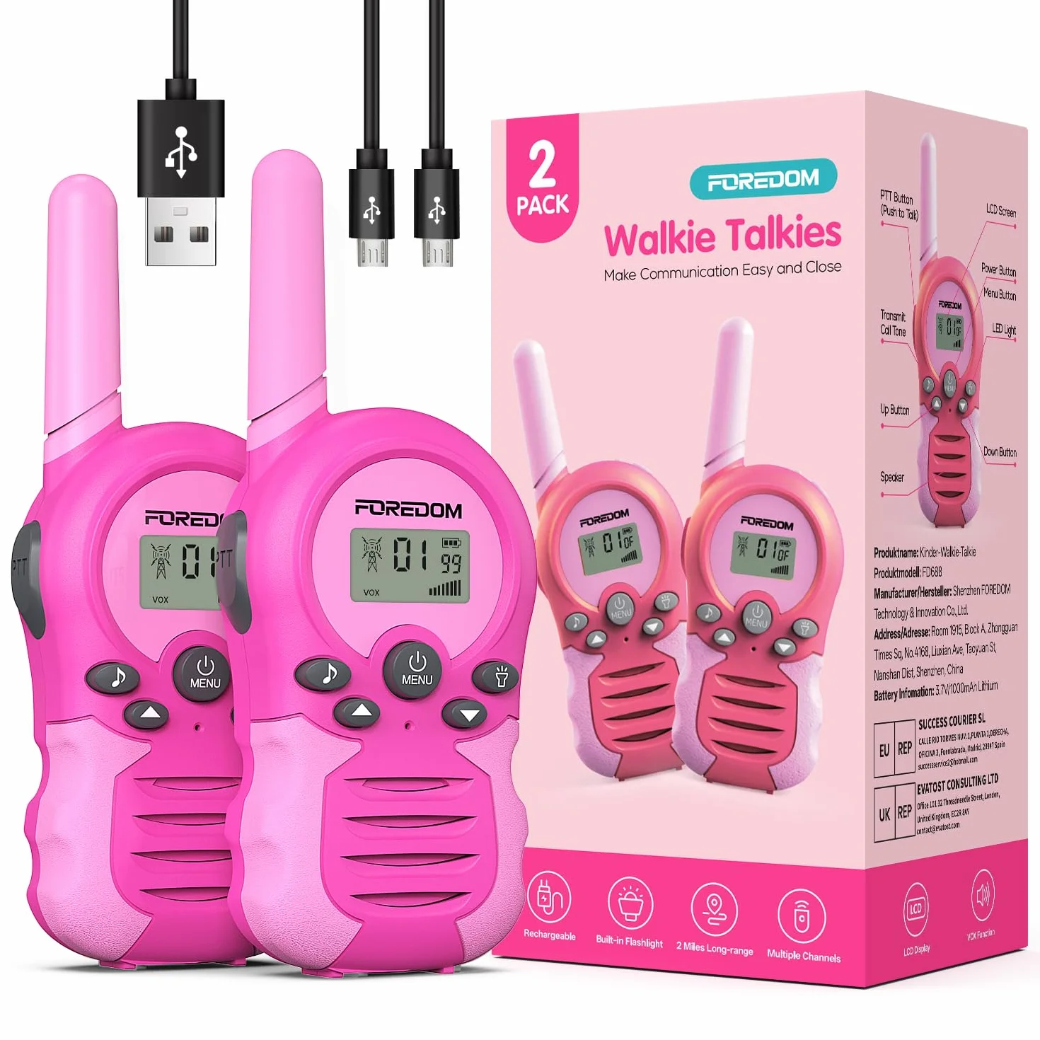 Foredom Talkie Walkie Enfants Rechargeable Longue Portée 3-12 Ans Lot de 2