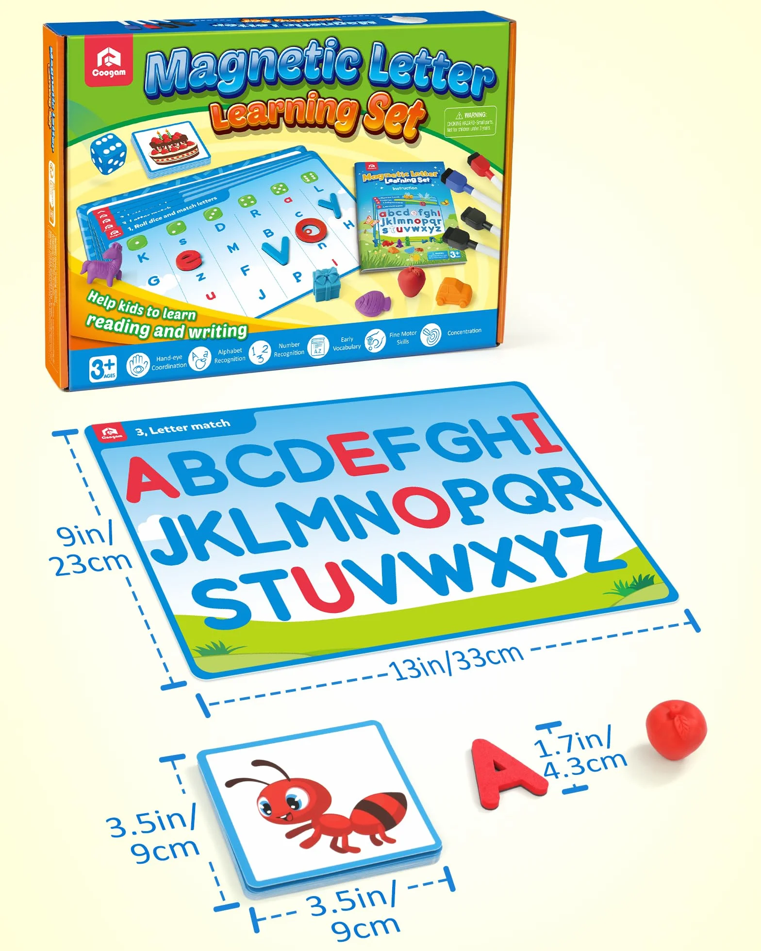 Coogam Preschool Alphabet Learning Playset Jeu de lettres magnétiques reconnaissance de l'abc éducatif avec 6 cartes d'activité jouet autisme manipulateur phonique 3 ans