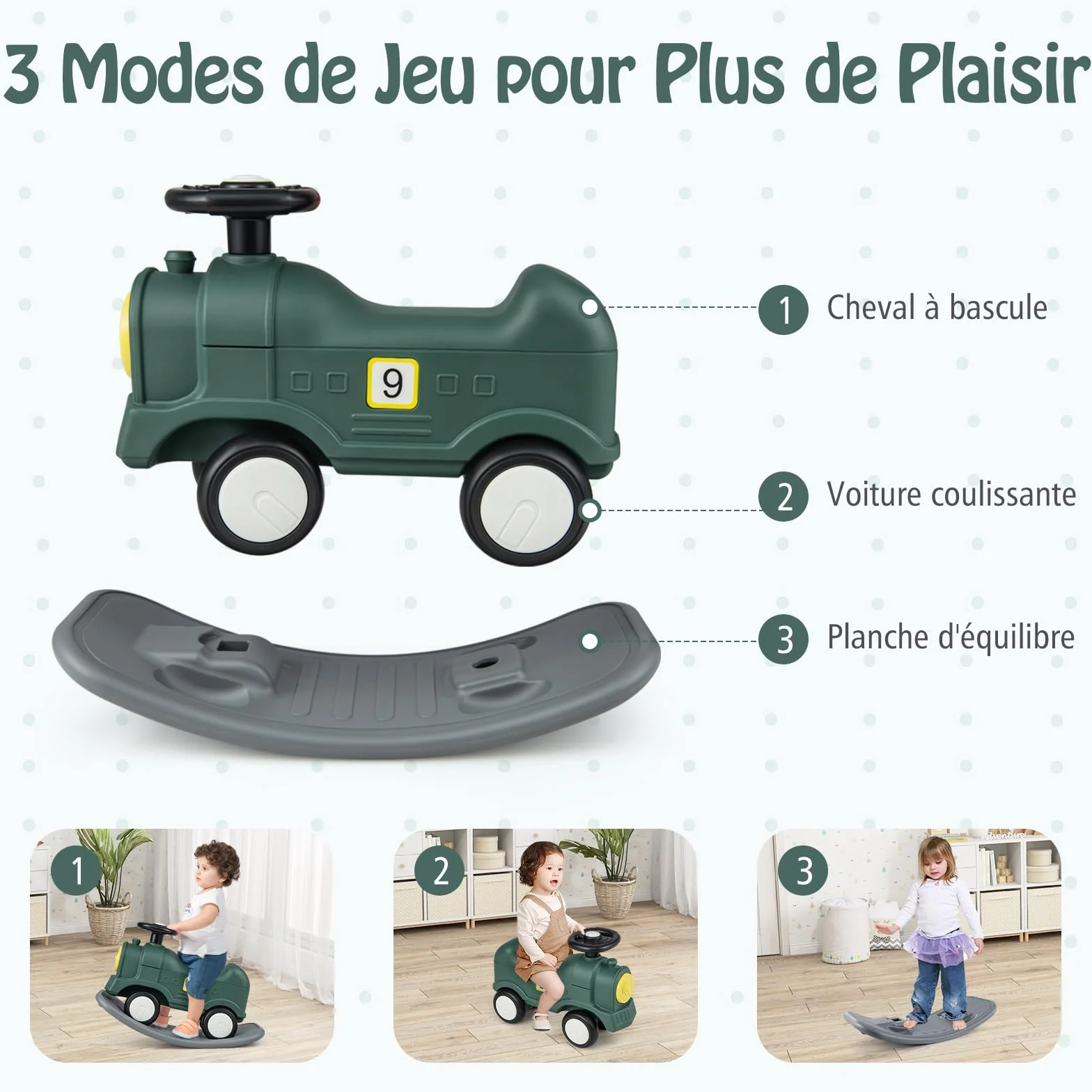 DREAMADE Cheval à Bascule 3 en 1 pour Enfant 1+ an, Charge Max. 50KG, Vert