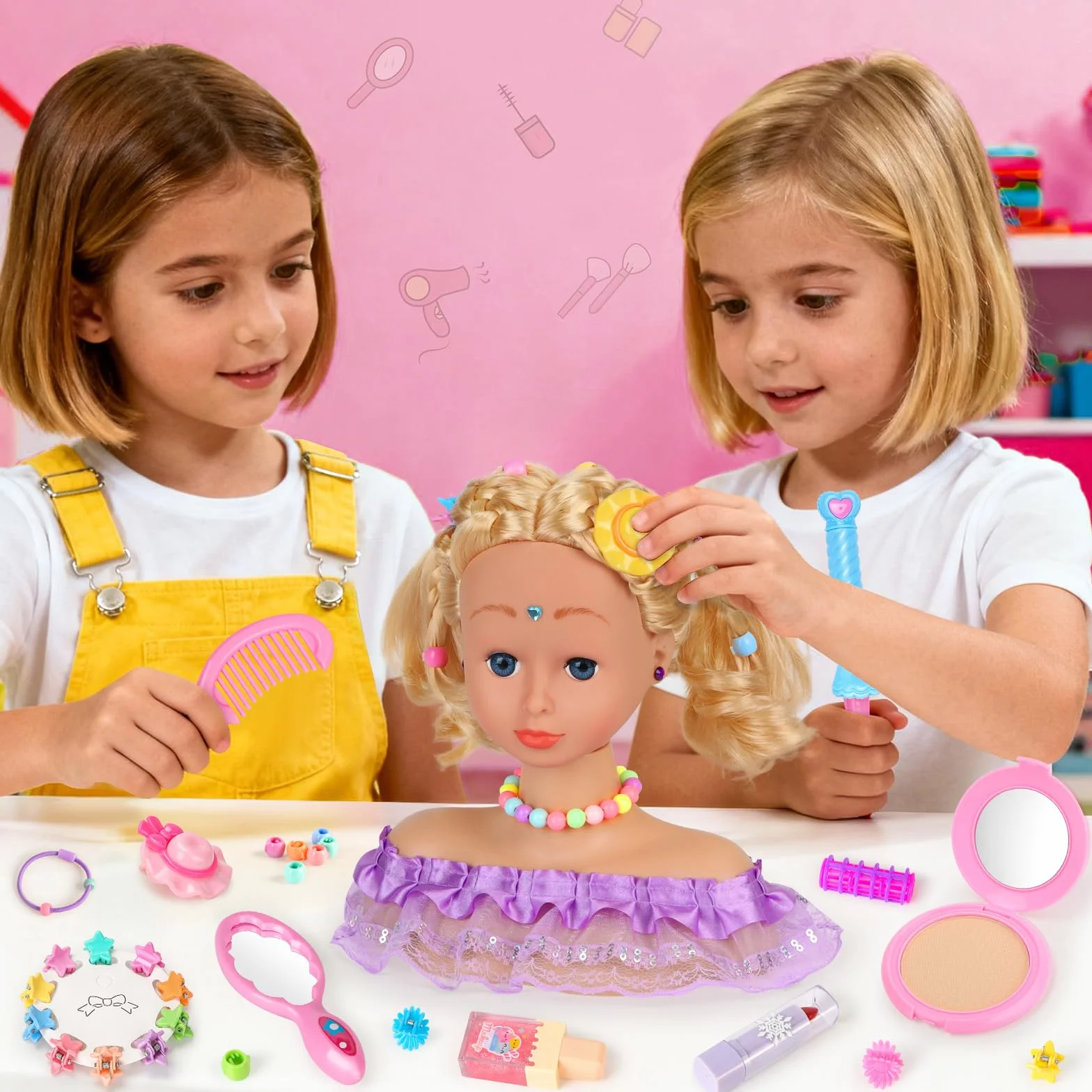 Têtes à Coiffer Enfant 66 Pièces Jouet de Maquillage et de Coiffure Cadeau Anniversaire Noël 3 Ans
