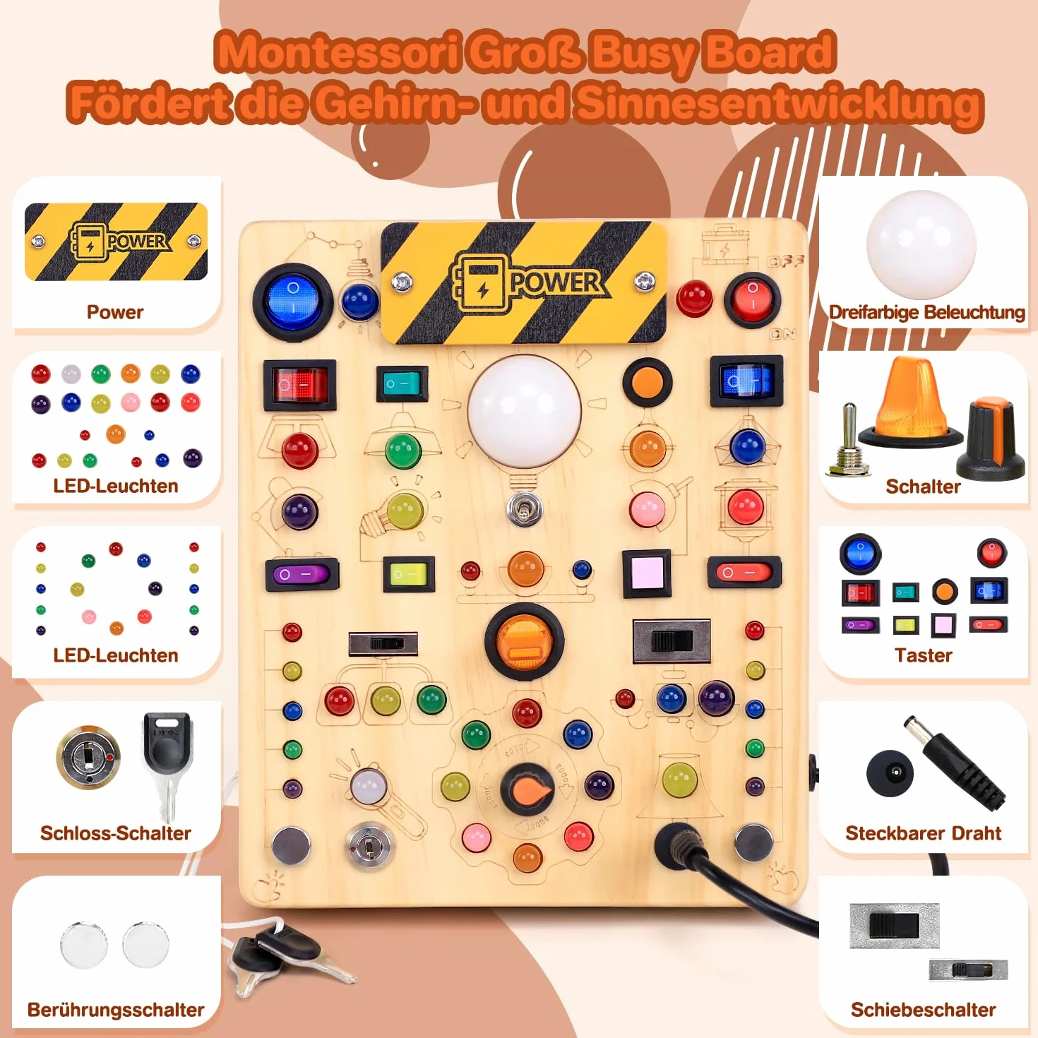 EchoToys Montessori Busy Board Jouet éducatif en bois 1-3 ans 19 interrupteurs 40 LED