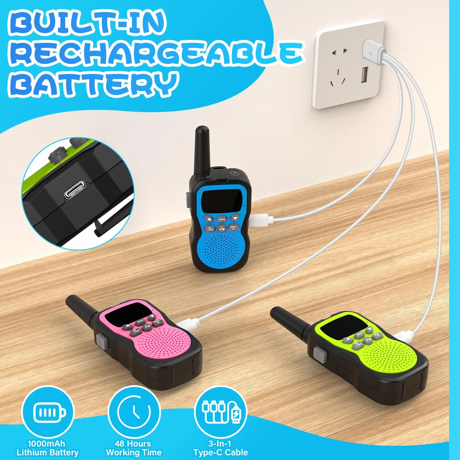 Apkezel Talkie Walkie Enfants Rechargeable Longue Portée 3 KM 1000mAh Ensemble de 3 avec Lampe de Poche VOX Camping Randonnée