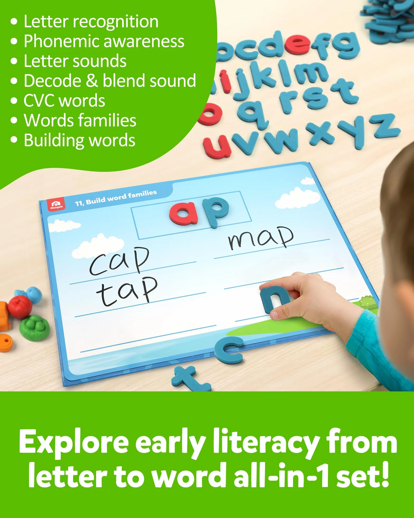 Coogam Preschool Alphabet Learning Playset Jeu de lettres magnétiques reconnaissance de l'abc éducatif avec 6 cartes d'activité jouet autisme manipulateur phonique 3 ans