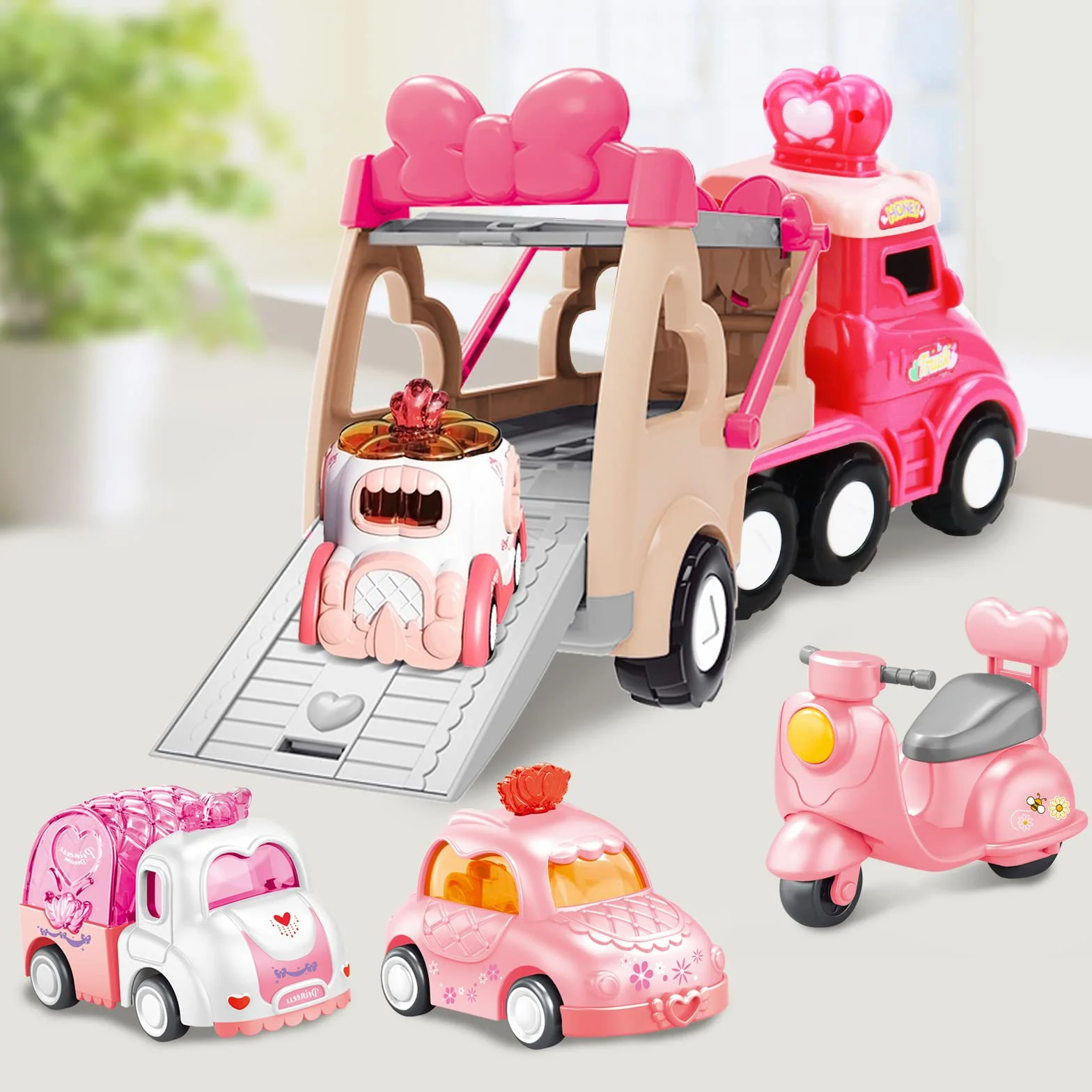 Camion Jouet 9 en 1 avec Sons et Lumières, Transporteur de Voitures Cadeau Anniversaire pour Garçons Filles 2-4 Ans