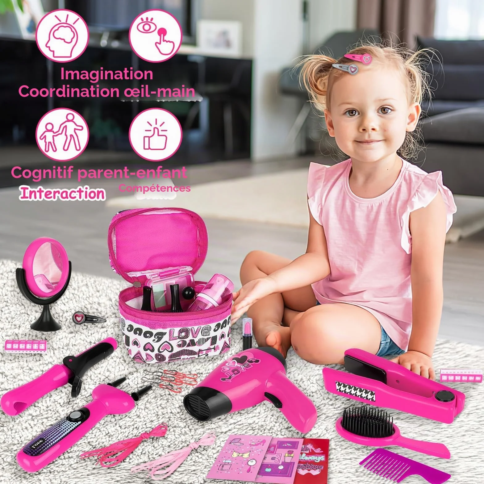 deAO Style et Coiffure Jeu de Beauté et Mode Ensemble d'Accessoires avec Maquillage Artificiel Sèche-cheveux et Machine à Tresser