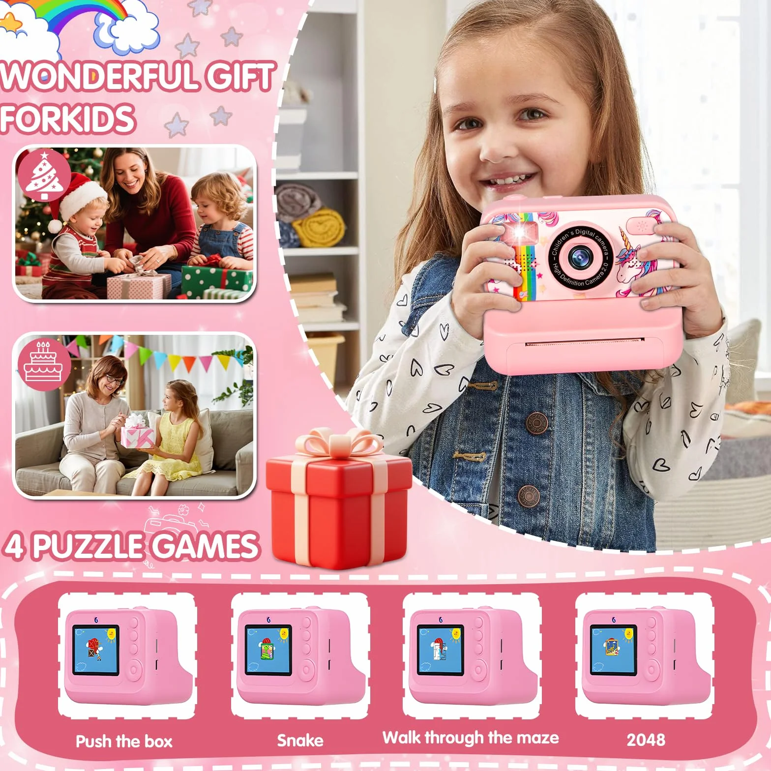 Appareil Photo Instantané Enfant 1080P Numérique avec Carte 32GB, 2.4 Pouces, Cadeau Filles Garçons 3-12 Ans