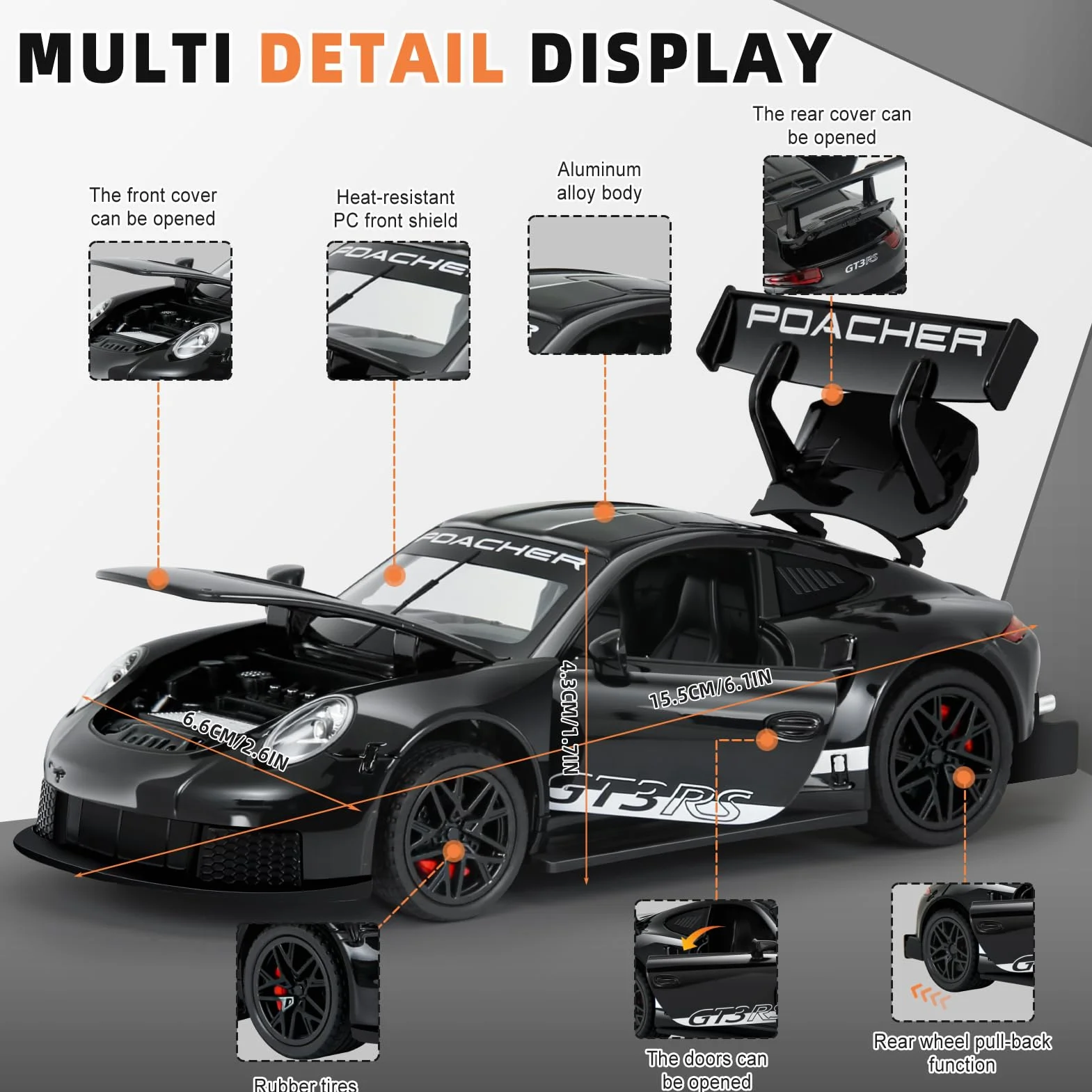 911 GT3RS 1:32 Voiture Miniature en Métal Moulé sous Pression avec Son et Lumière, Jouet pour Enfants (Noir)