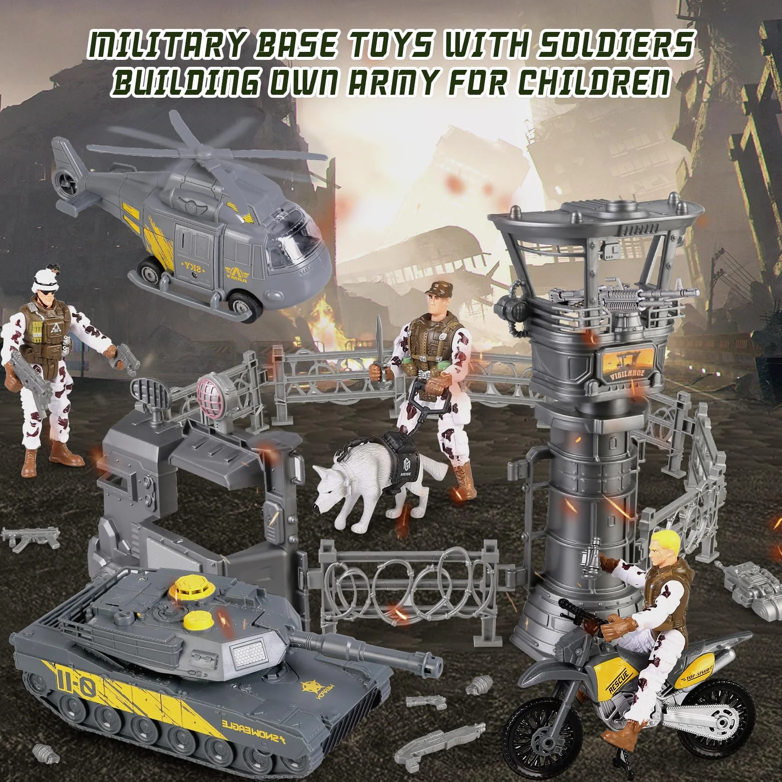 Base Militaire Jouets Véhicules Figurines Soldats Moto Combat 3+ Ans
