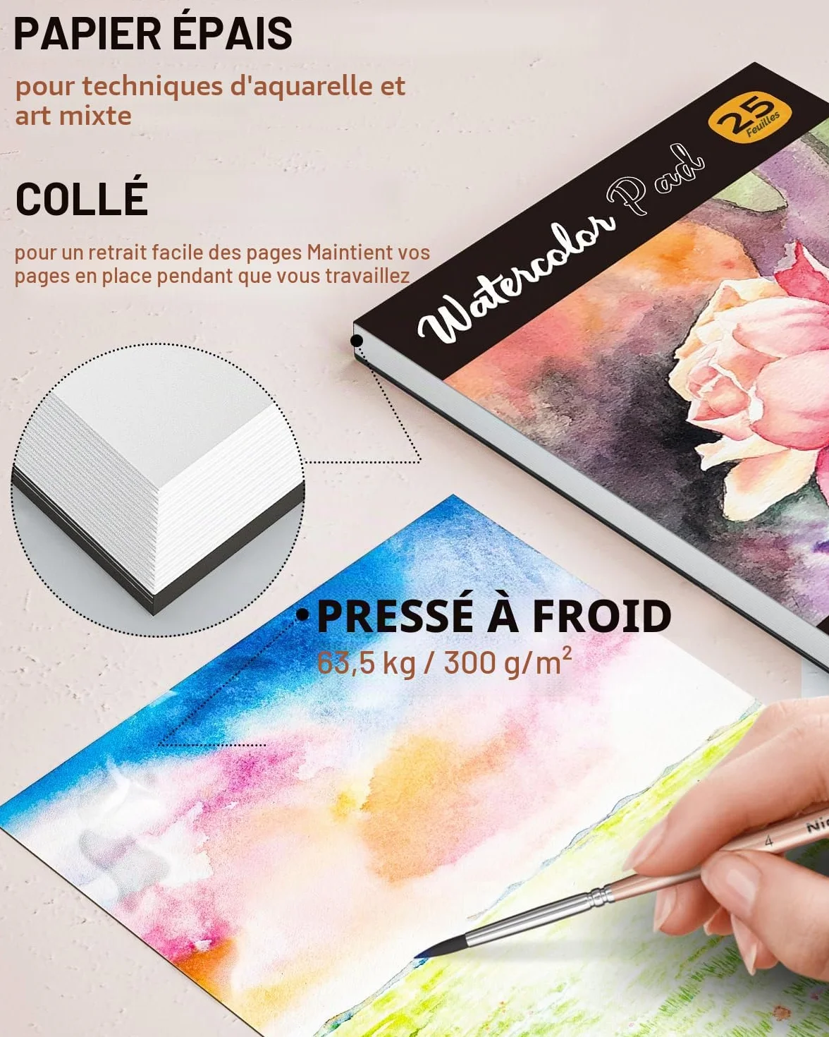 Nicpro Kit de Aquarelle Peinture avec Boîte, 100 Couleurs Macaron Métallique et Fluorescent, 8 Pinceaux, 25 Papiers, Palette