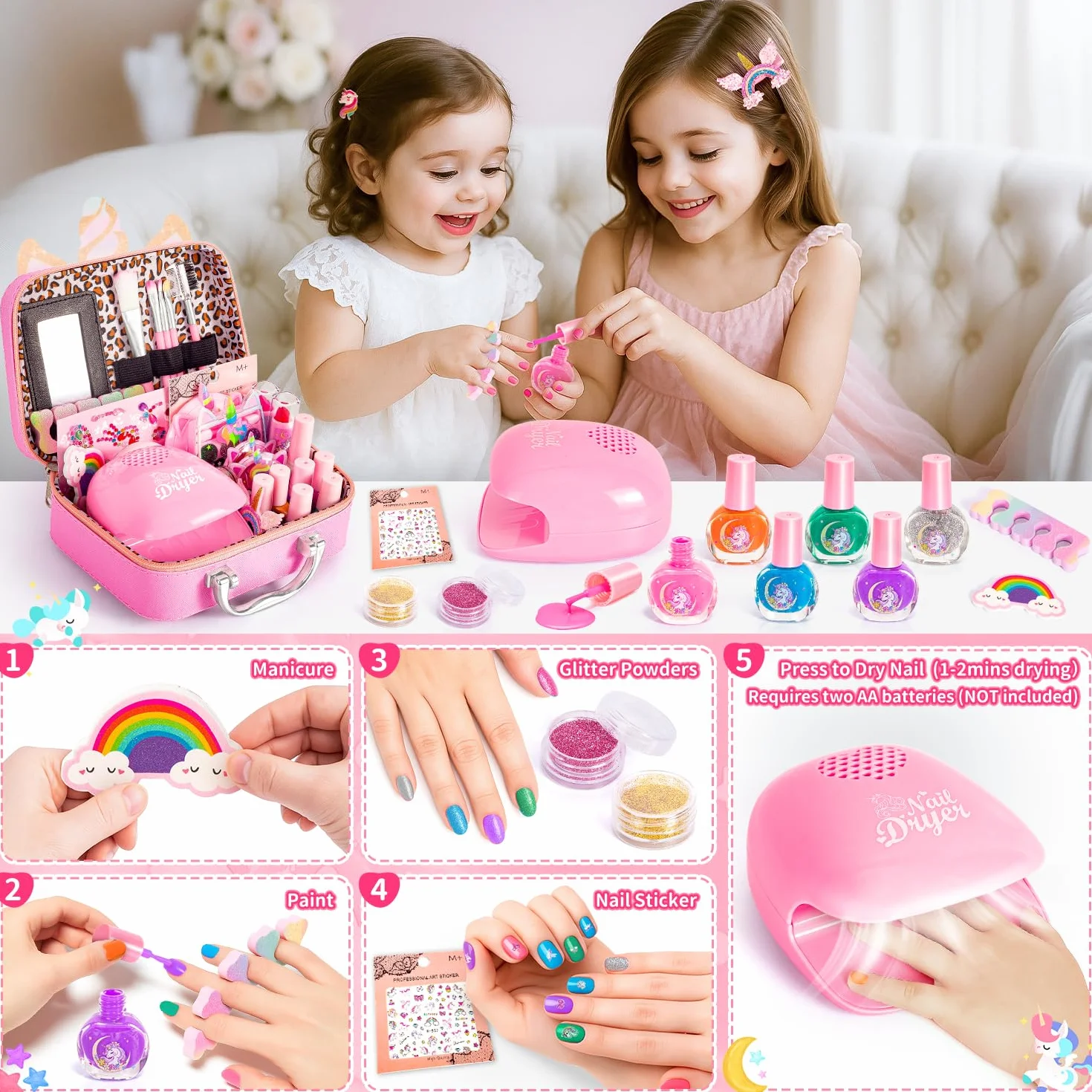 Malette Maquillage Enfant Fille Lavable avec Vernis à Ongles Rouge à Lèvres Jouet Cadeau 3-10 ans