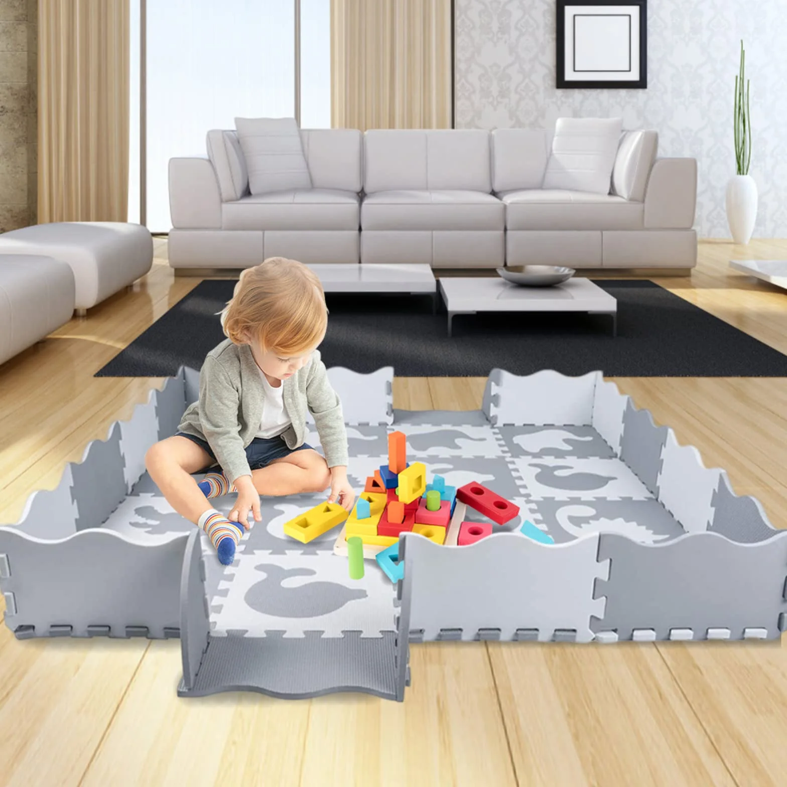 Tapis de Jeu en Mousse avec Bordure, Carreaux de Sol Emboîtables pour Enfants, 16 Pièces Blanc Gris Foncé