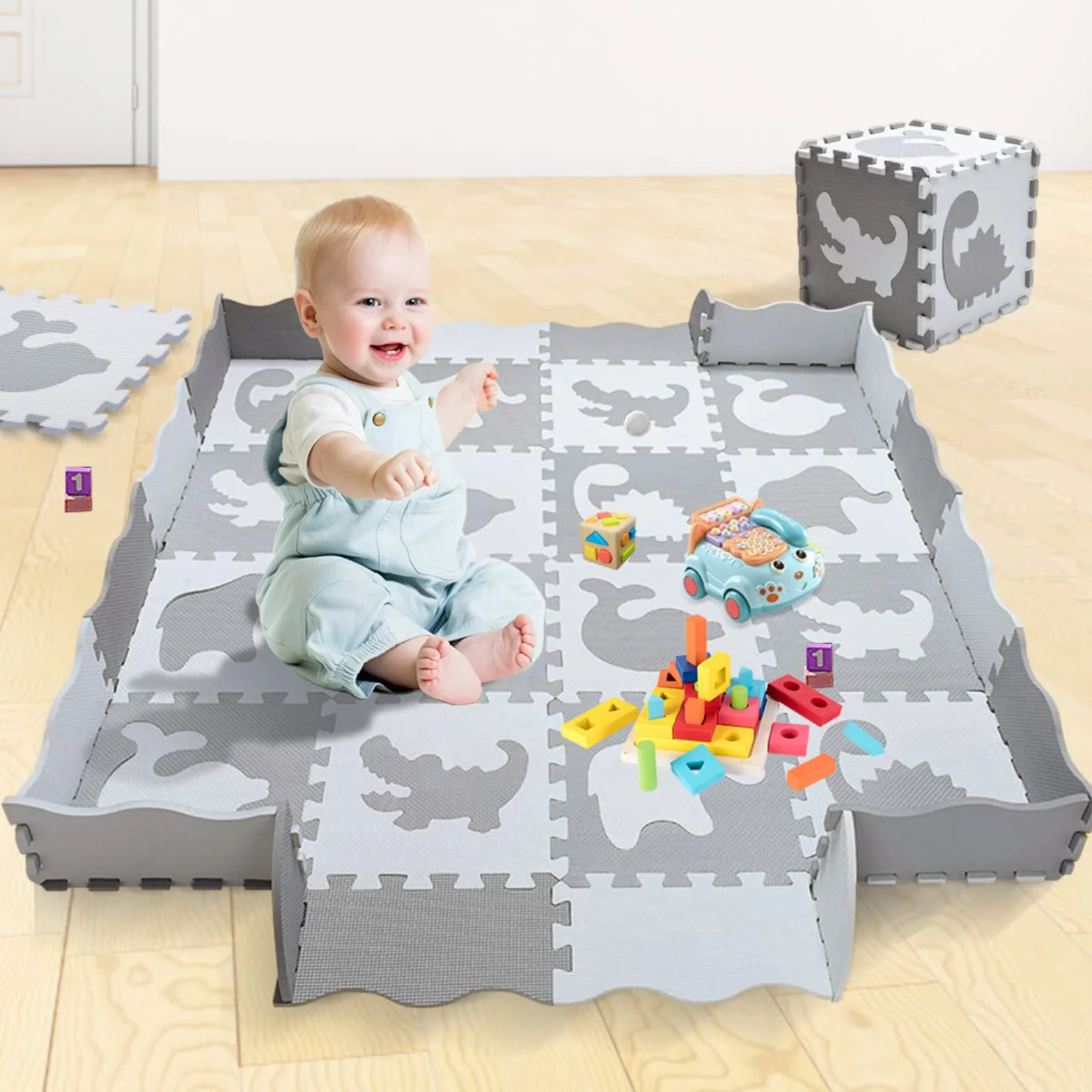 Tapis de Jeu en Mousse avec Bordure, Carreaux de Sol Emboîtables pour Enfants, 16 Pièces Blanc Gris Foncé