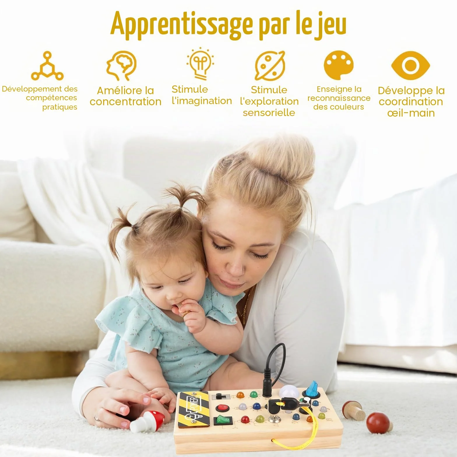 Talifoca Montessori Busy Board 1 an, Planche d'activité en bois avec 8 interrupteurs LED, jouet d'apprentissage sensoriel