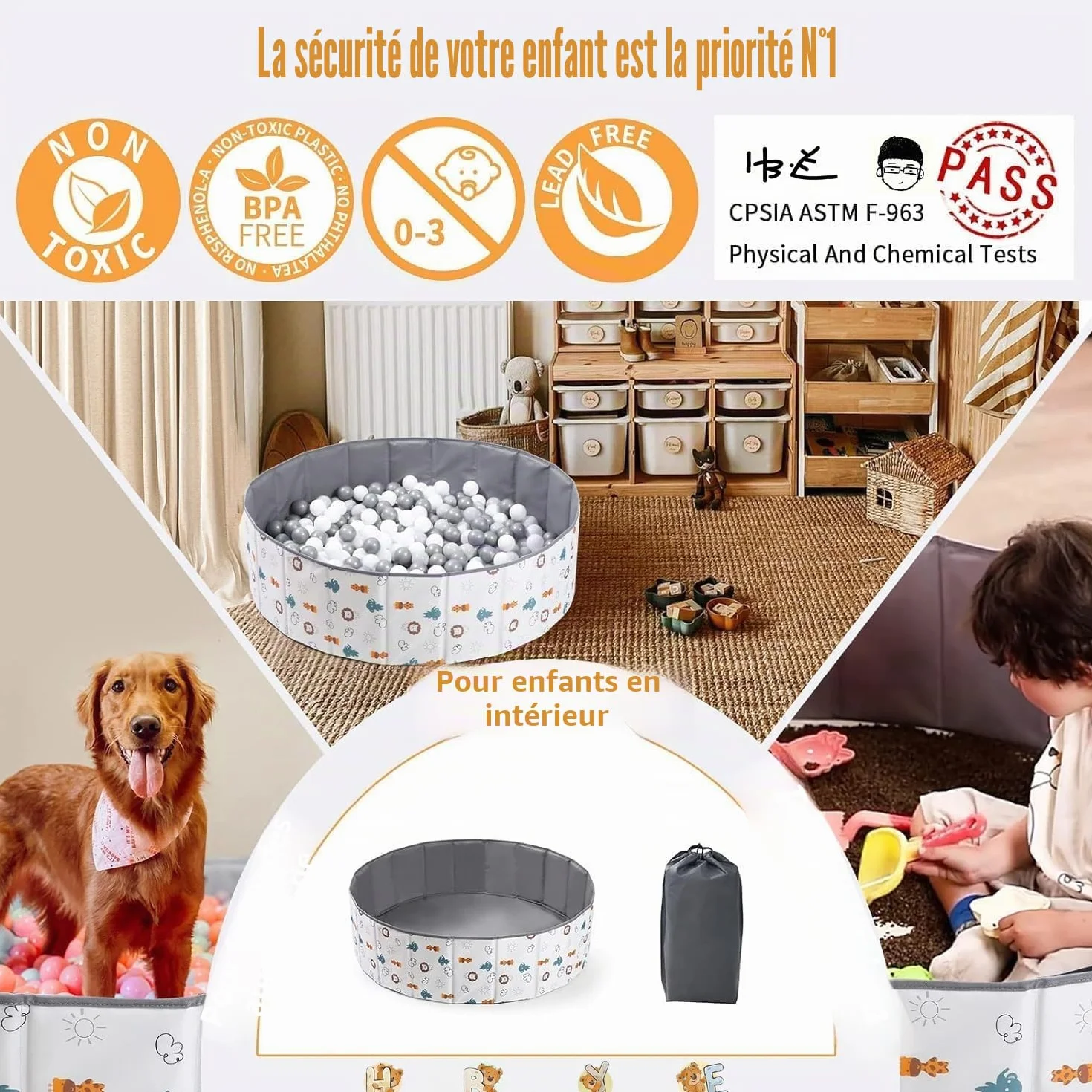 Piscine à Balles pour Enfants Pliable 80x30cm Parc Boules Centre de Jeux Intérieur Extérieur