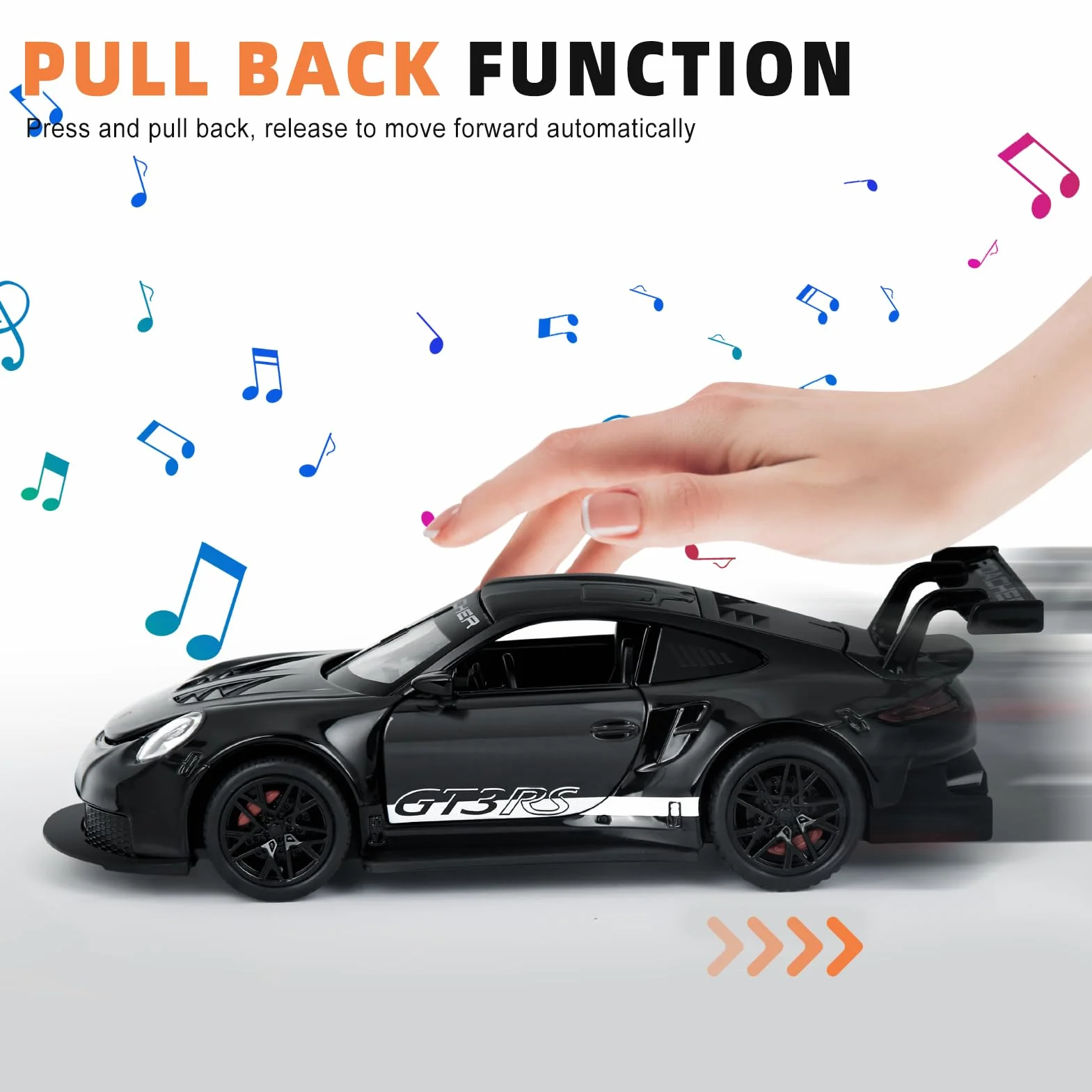 911 GT3RS 1:32 Voiture Miniature en Métal Moulé sous Pression avec Son et Lumière, Jouet pour Enfants (Noir)