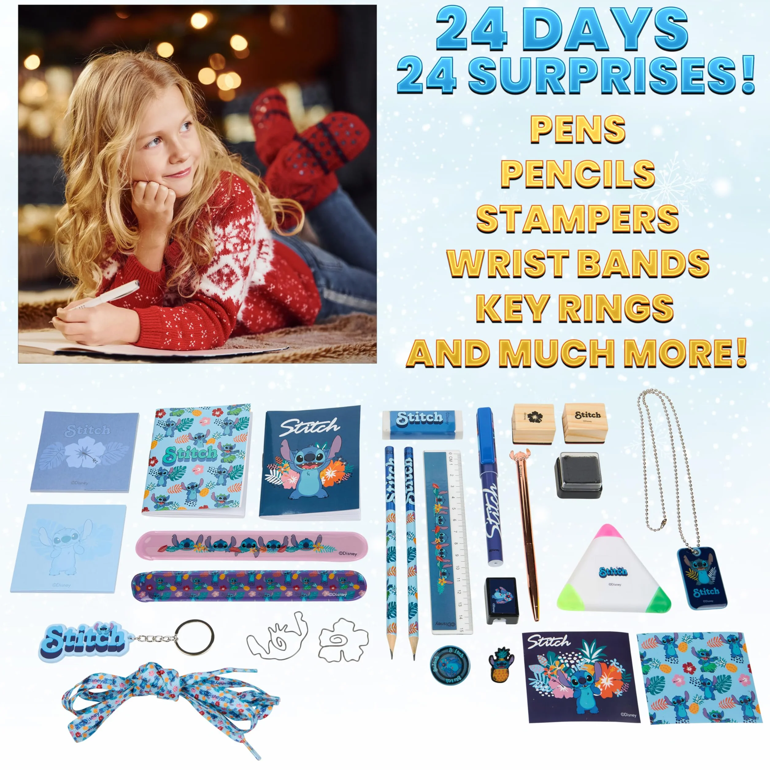 Disney Stitch Calendrier de l'Avent 2025 24 Surprises Papeterie Original Accessoires Kawaii Collier Porte-clés Stylo Bleu