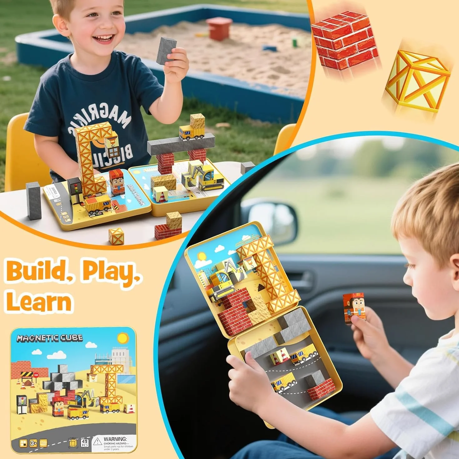 Jeu de Construction Magnétique Enfant 49 Blocs Empilables avec Boîte de Rangement Cadeau Garçons Filles 3+ Ans