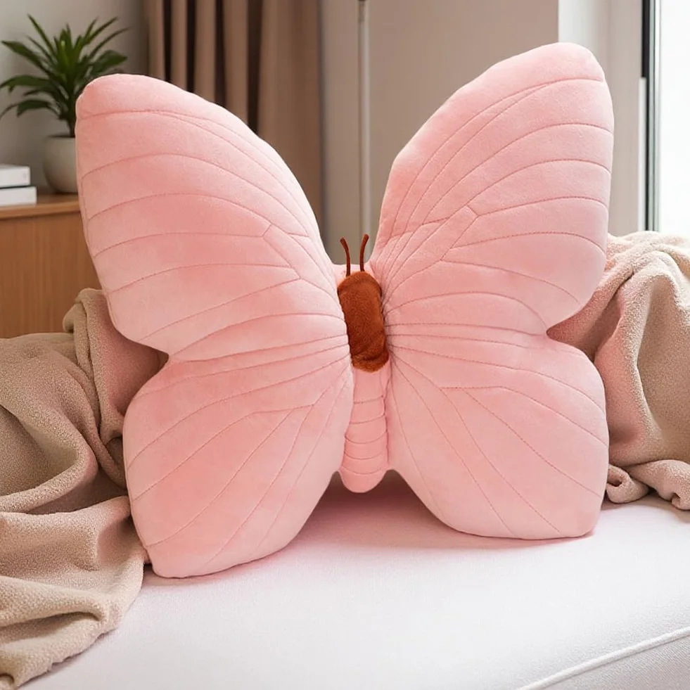 Coussin en peluche papillon 40 cm décoratif rose