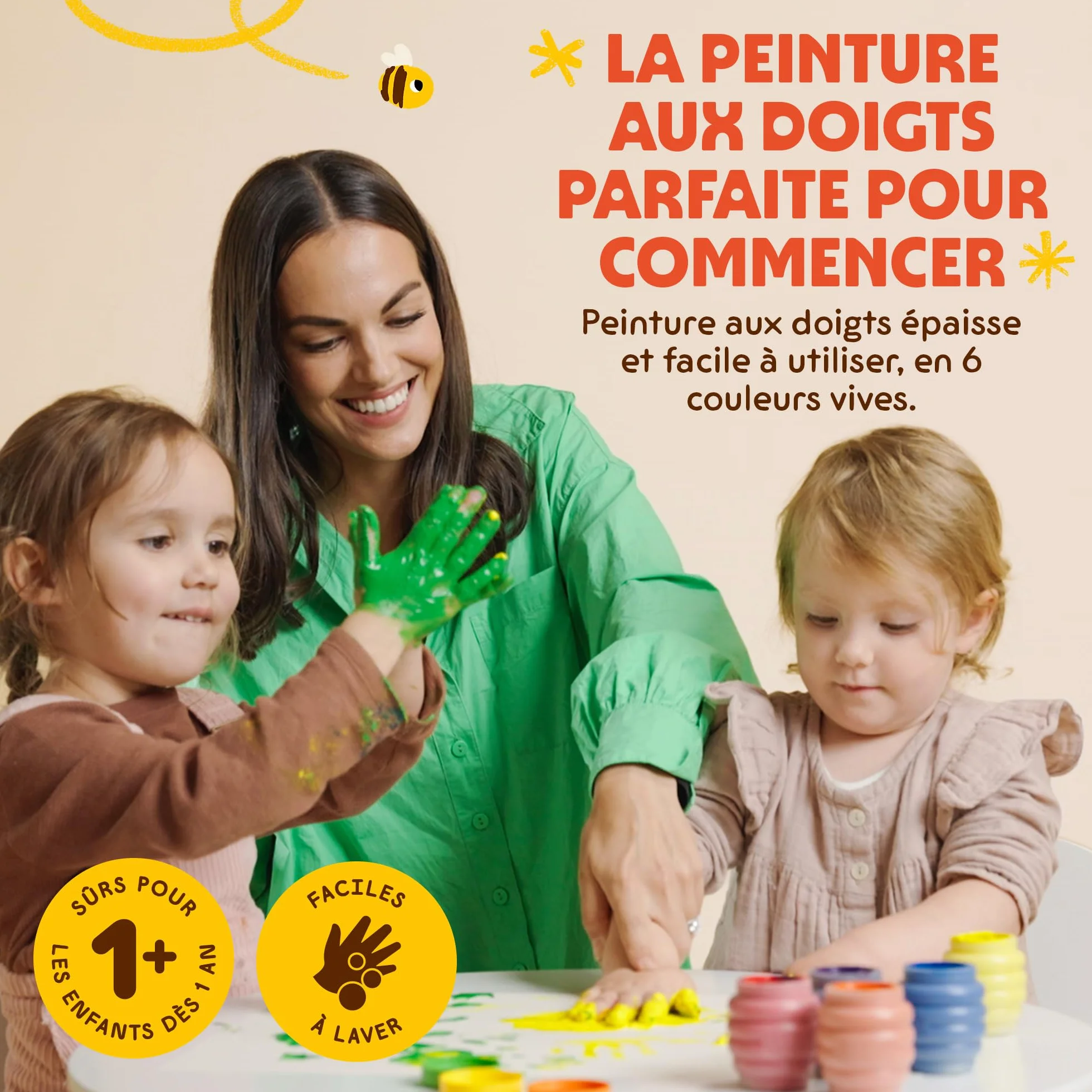 Honeysticks Peinture au Doigt 6 Couleurs Vives Lavable Sûre Enfants 1-5 Ans à Base d'Eau Écologique