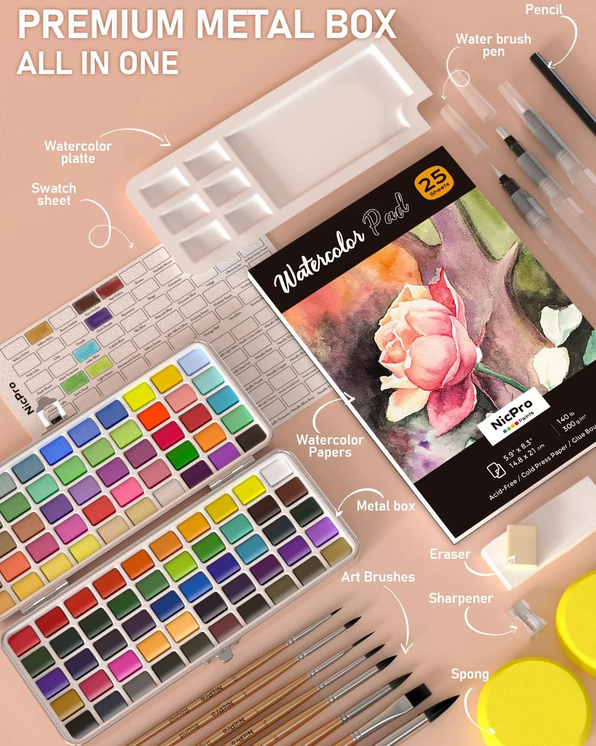 Nicpro Kit de Aquarelle Peinture avec Boîte, 100 Couleurs Macaron Métallique et Fluorescent, 8 Pinceaux, 25 Papiers, Palette