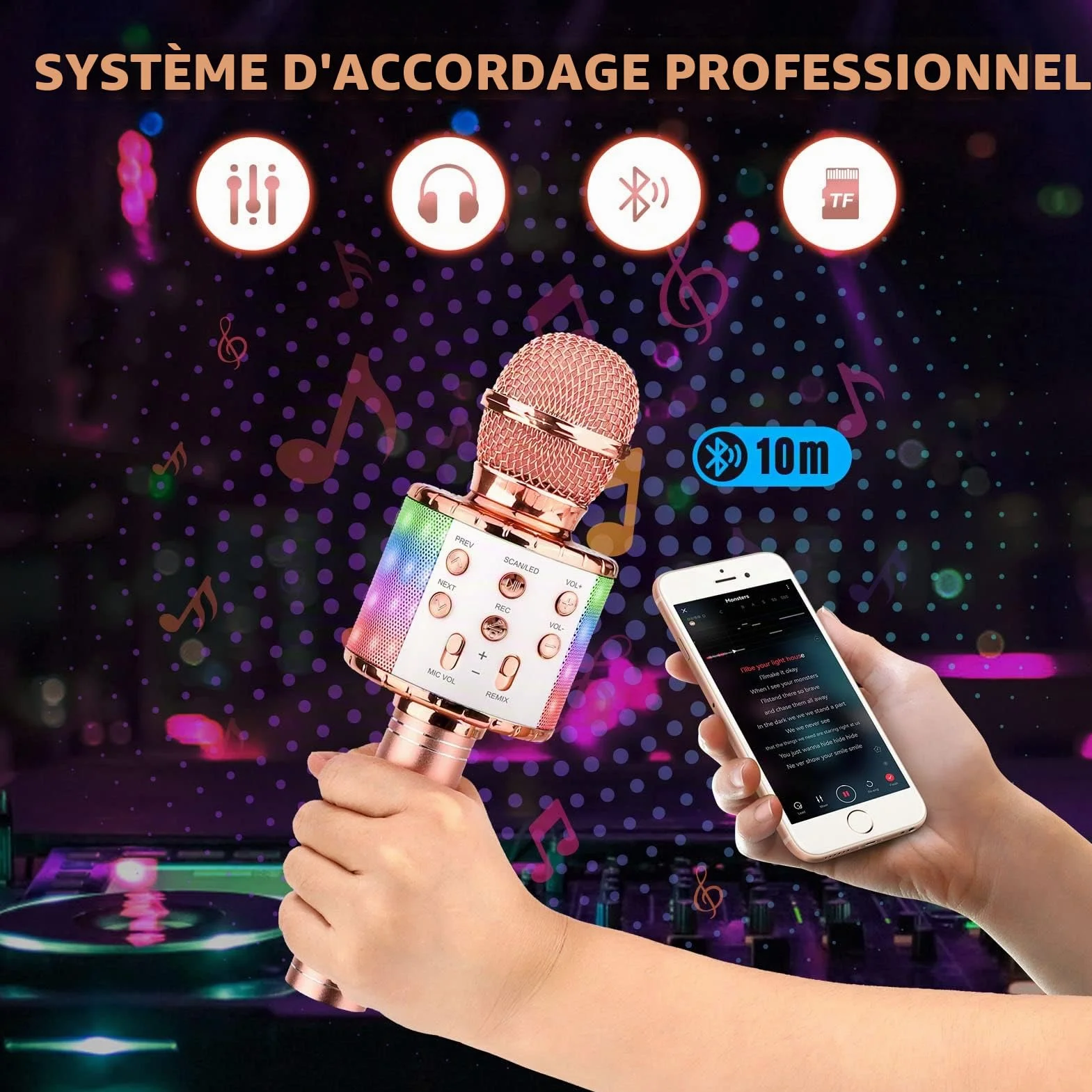 Microphone Karaoke sans Fil Bluetooth Portable avec LED Lumière Disco pour Enfants Adultes Chanter Compatible Android iOS PC Smartphone Or Rose